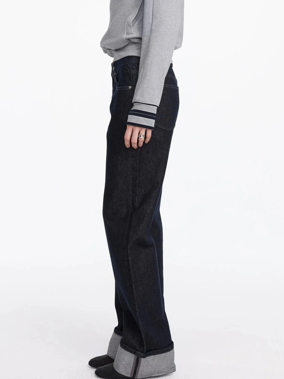 LYUOCHENG Straight Leg Cuffed Raw Denim Jeans