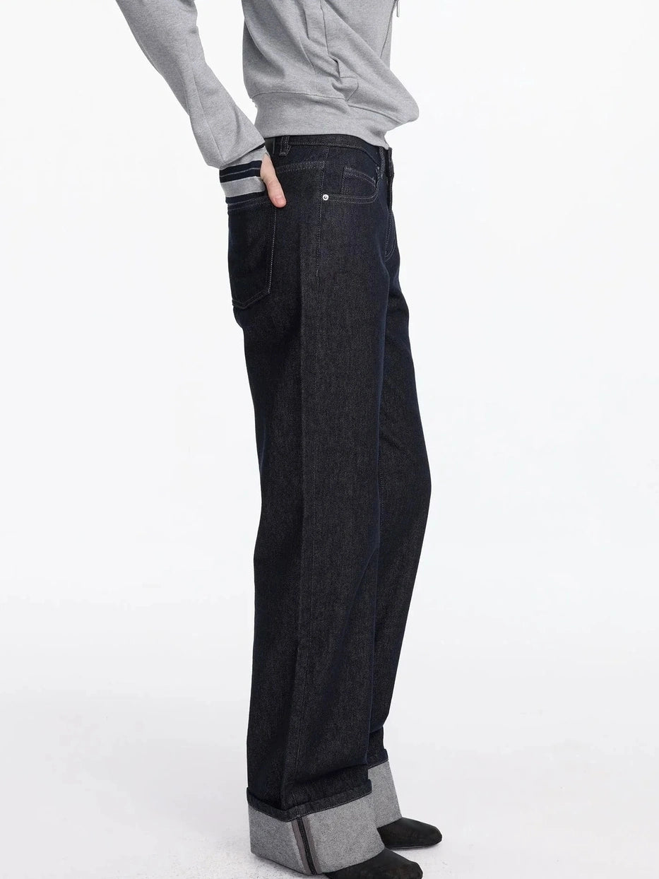 LYUOCHENG Straight Leg Cuffed Raw Denim Jeans