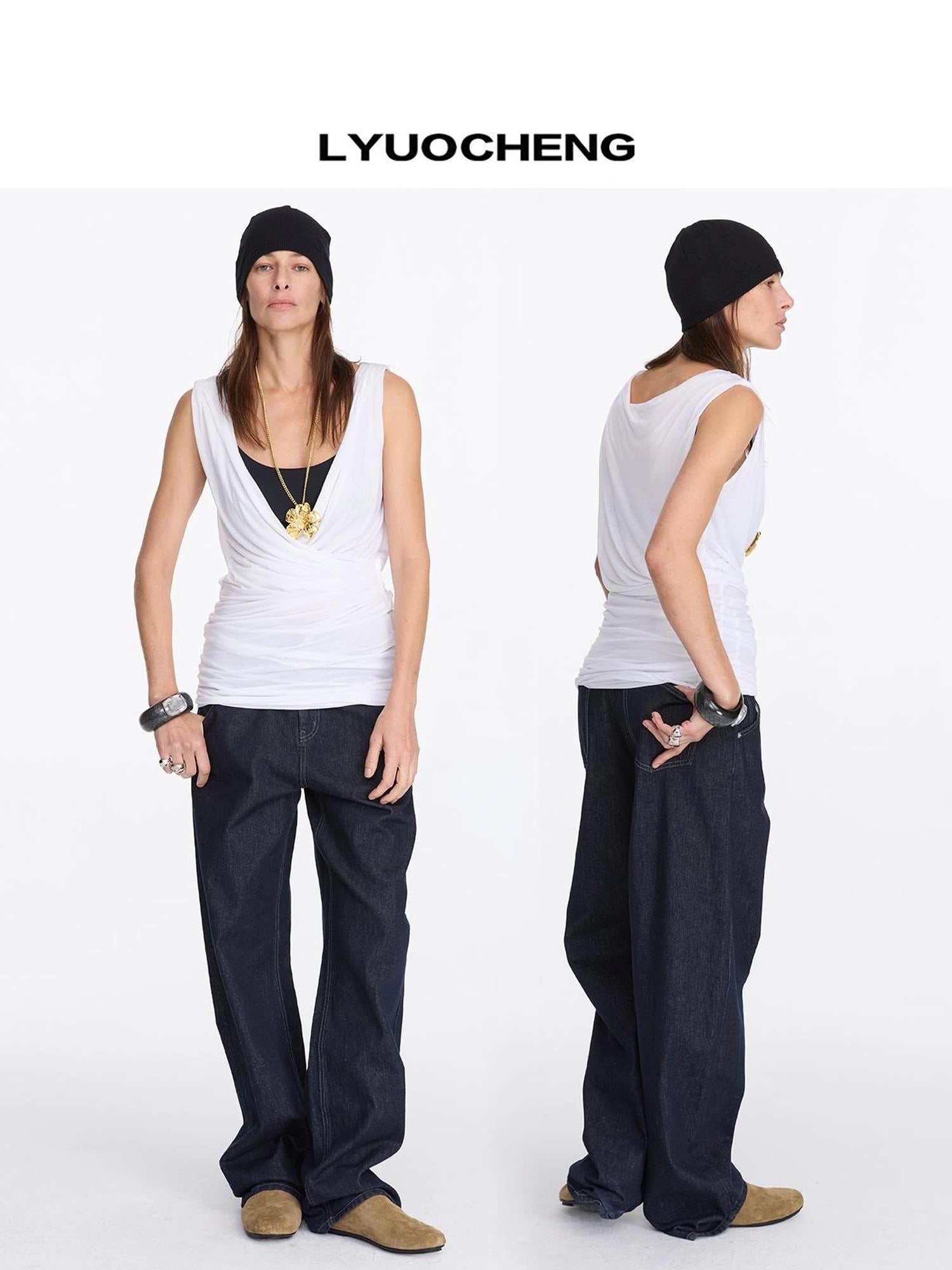 LYUOCHENG V-neck Pleated Tencel Vest