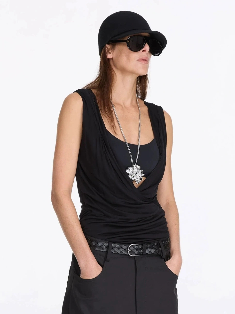 LYUOCHENG V-neck Pleated Tencel Vest