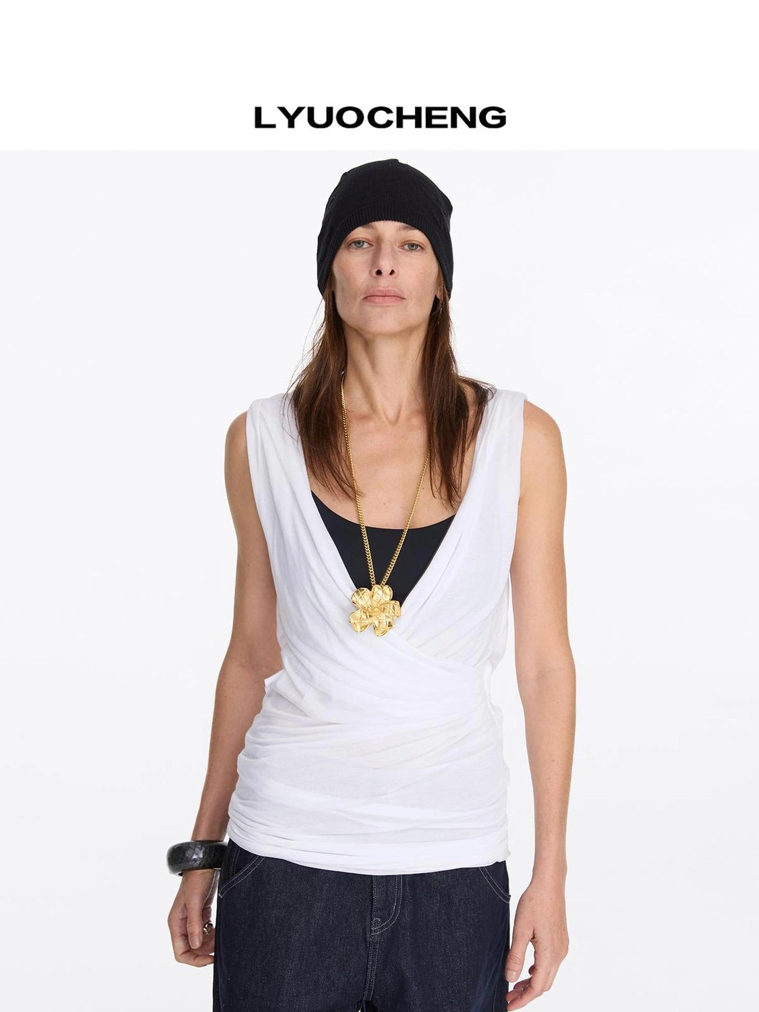 LYUOCHENG V-neck Pleated Tencel Vest