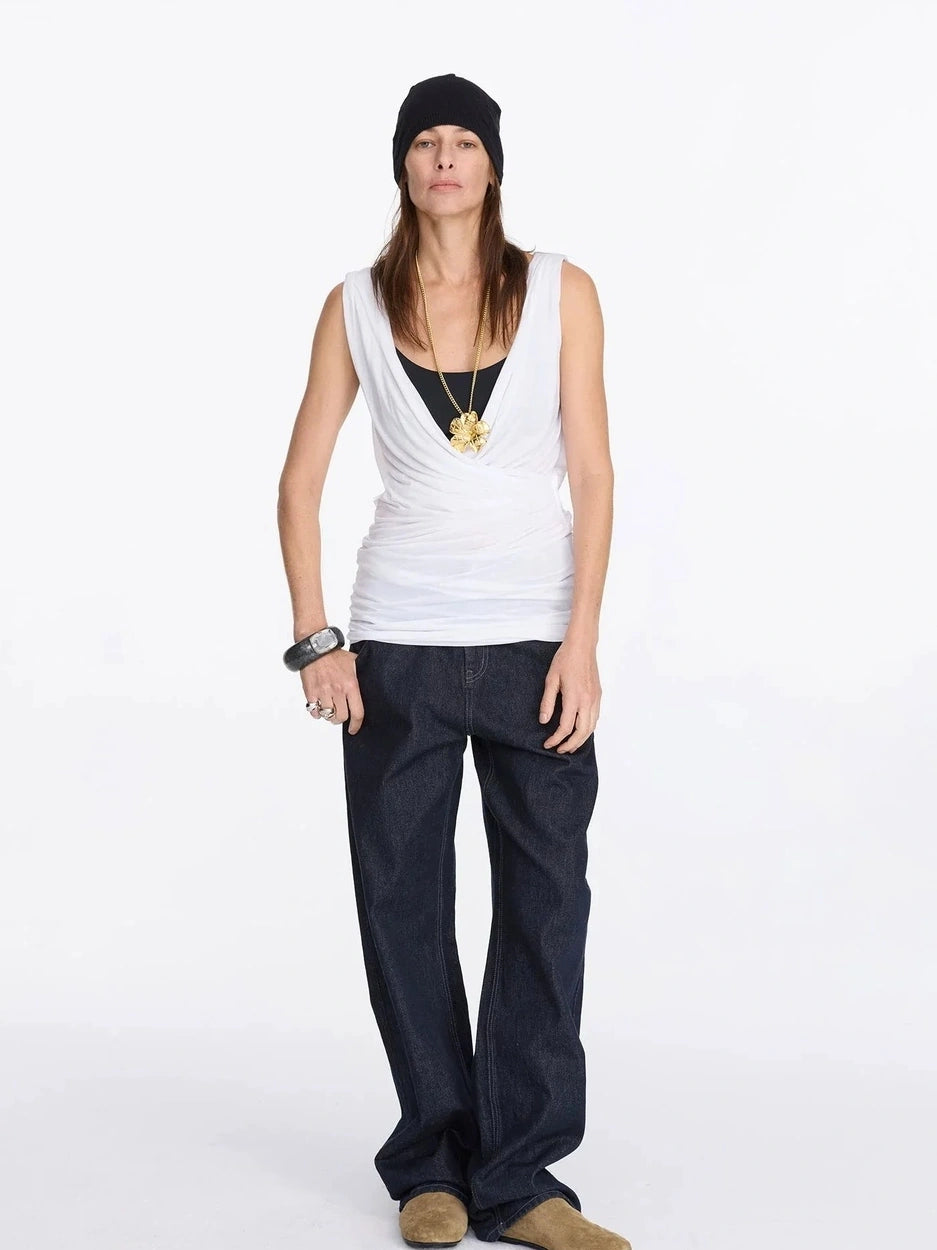 LYUOCHENG V-neck Pleated Tencel Vest