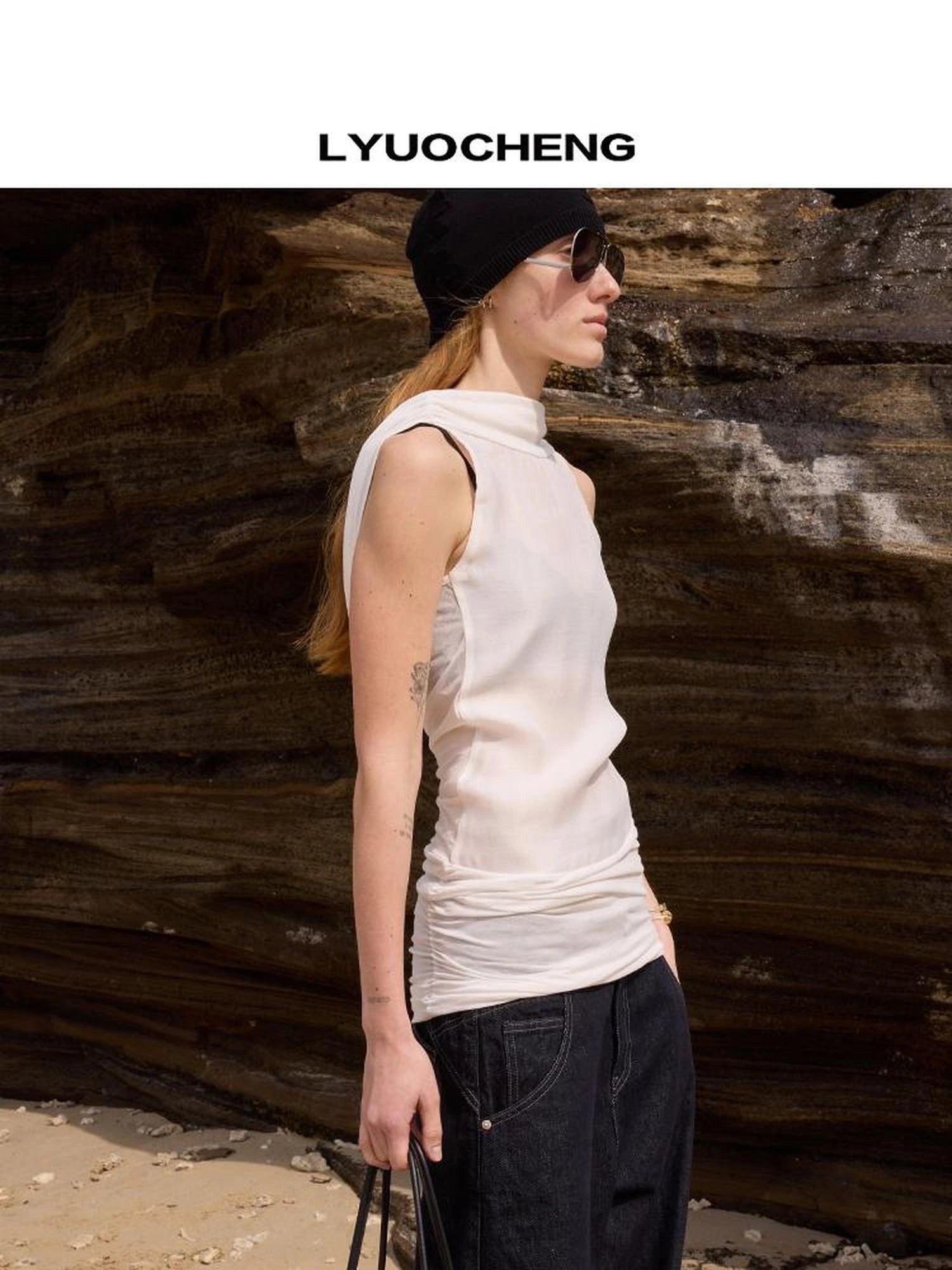 LYUOCHENG V-neck Sleeveless White Draped Backless Rayon Midi Dress