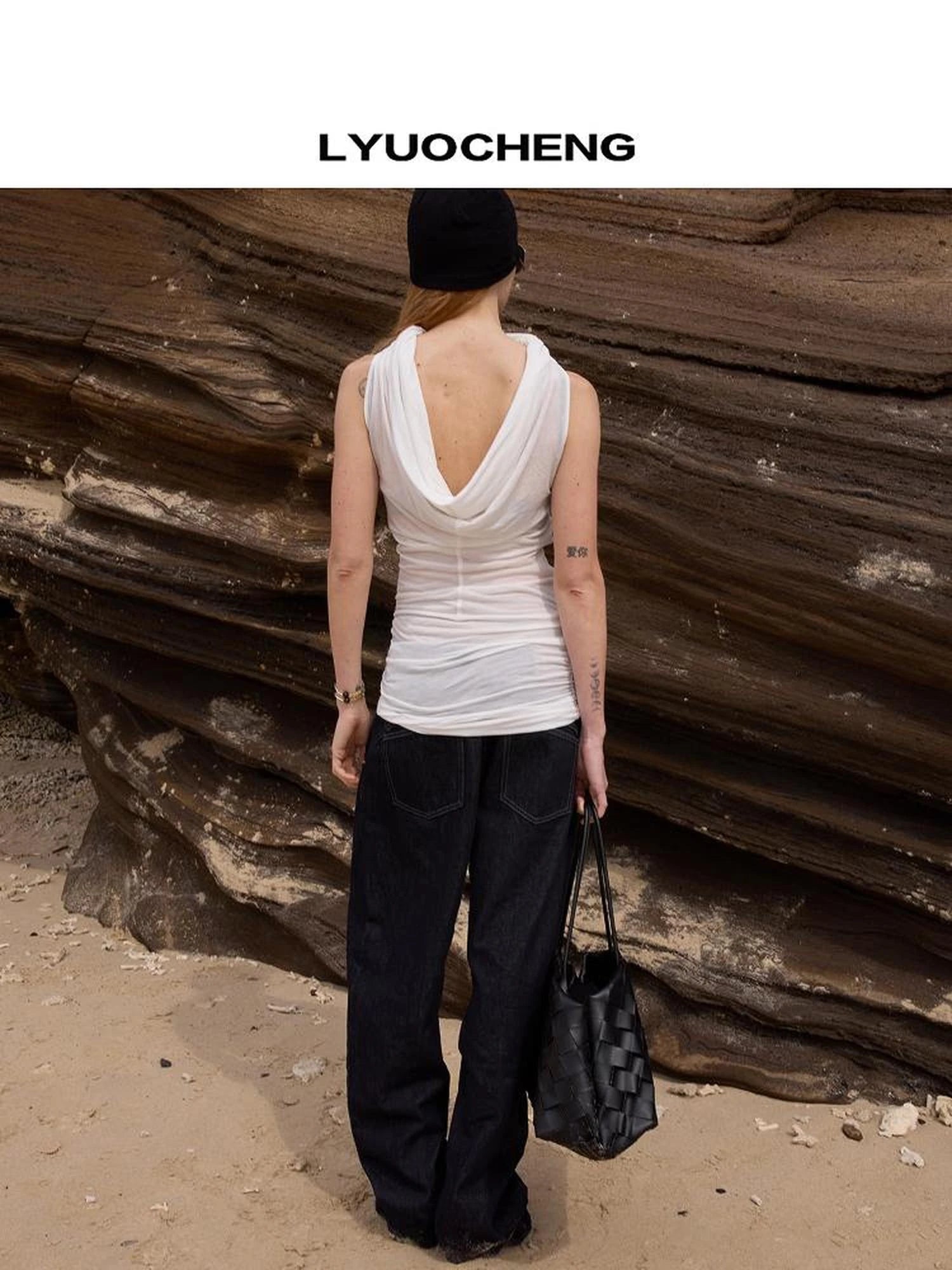 LYUOCHENG V-neck Sleeveless White Draped Backless Rayon Midi Dress