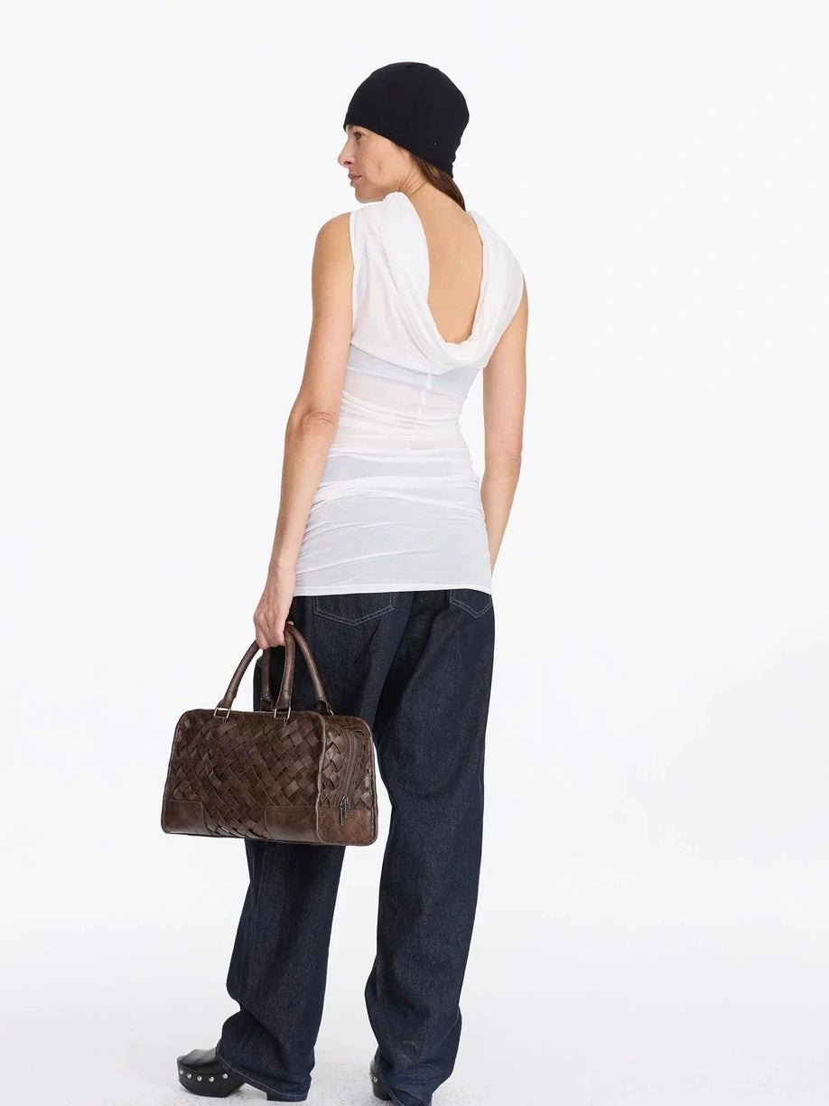 LYUOCHENG V-neck Sleeveless White Draped Backless Rayon Midi Dress