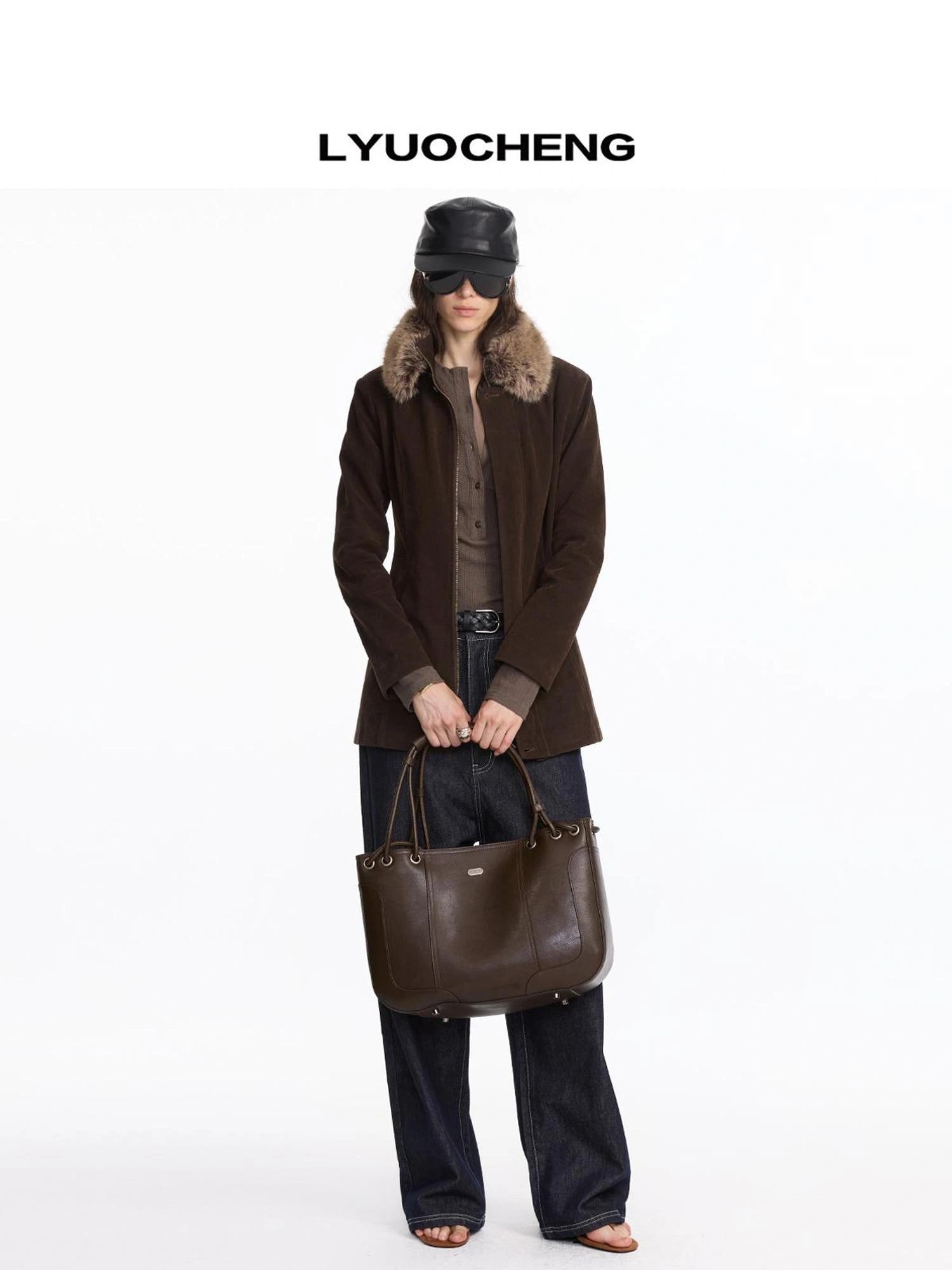 LYUOCHENG Vintage Brown Pleated Leather Tote