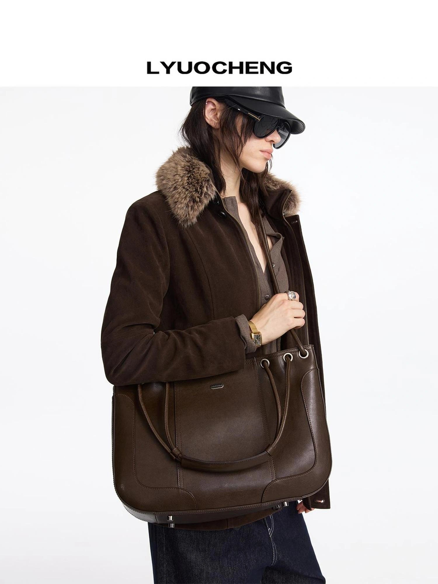 LYUOCHENG Vintage Brown Pleated Leather Tote