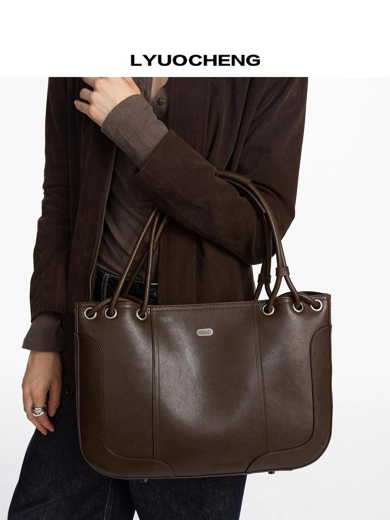 LYUOCHENG Vintage Brown Pleated Leather Tote