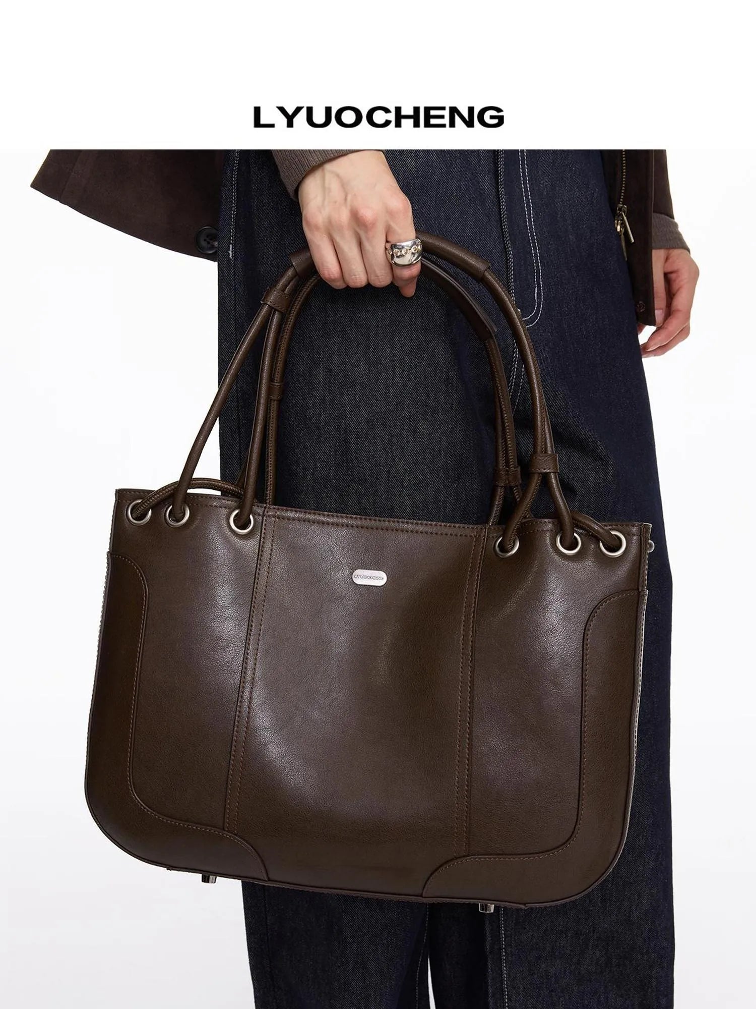 LYUOCHENG Vintage Brown Pleated Leather Tote