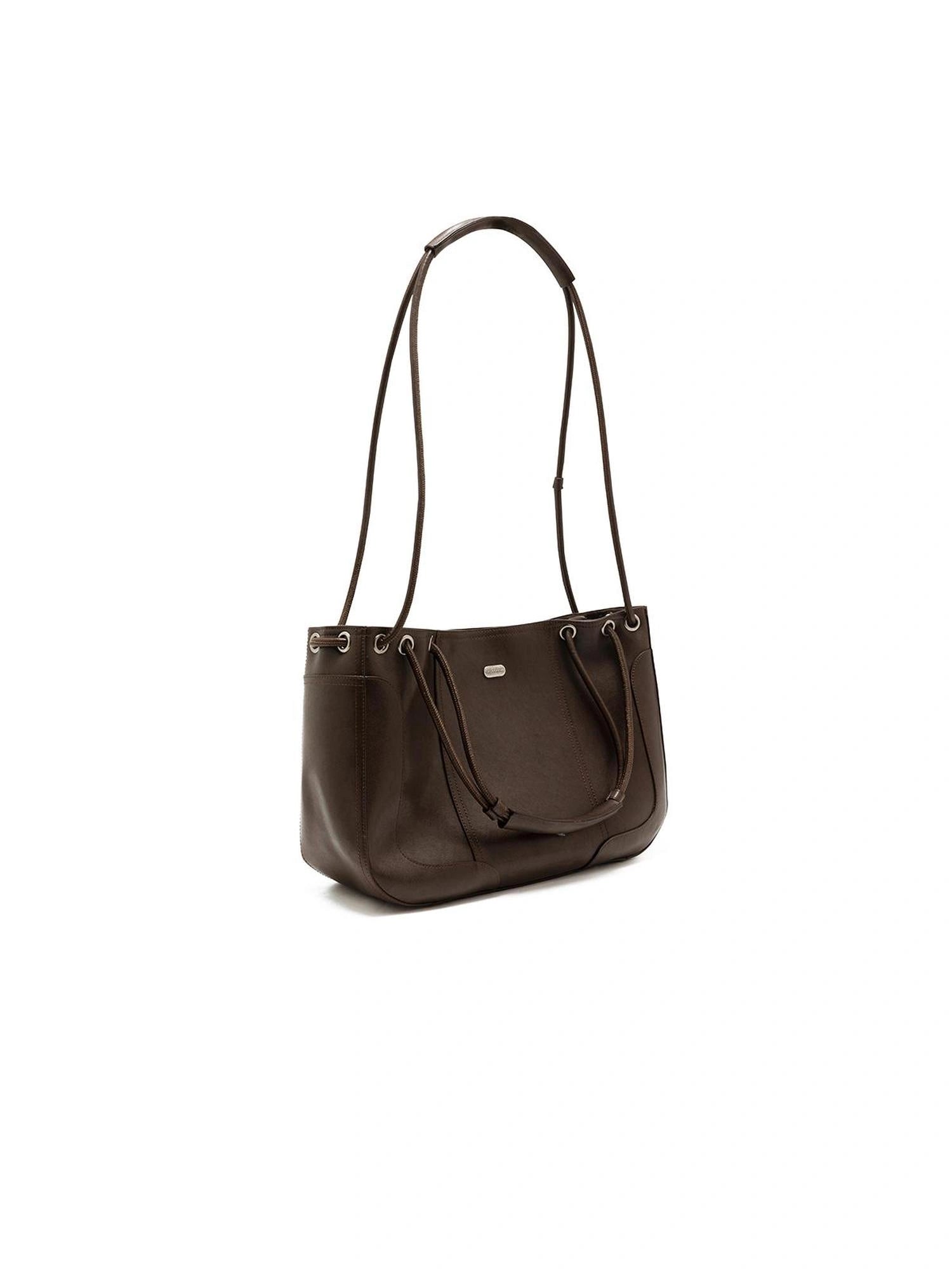 LYUOCHENG Vintage Brown Pleated Leather Tote
