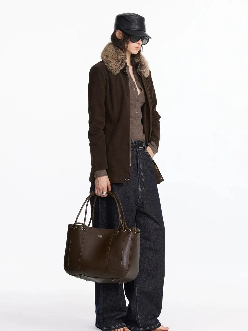 LYUOCHENG Vintage Brown Pleated Leather Tote