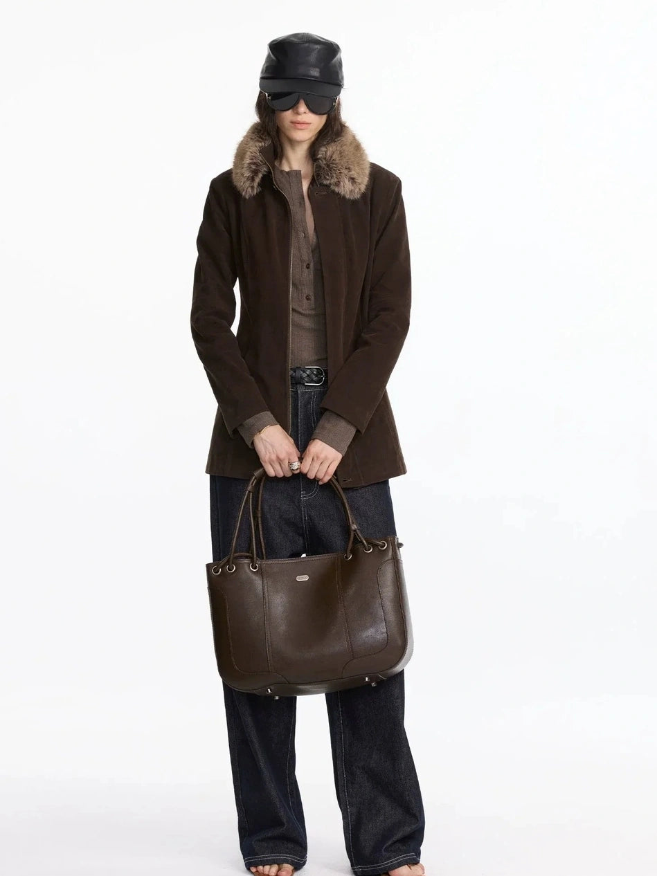 LYUOCHENG Vintage Brown Pleated Leather Tote