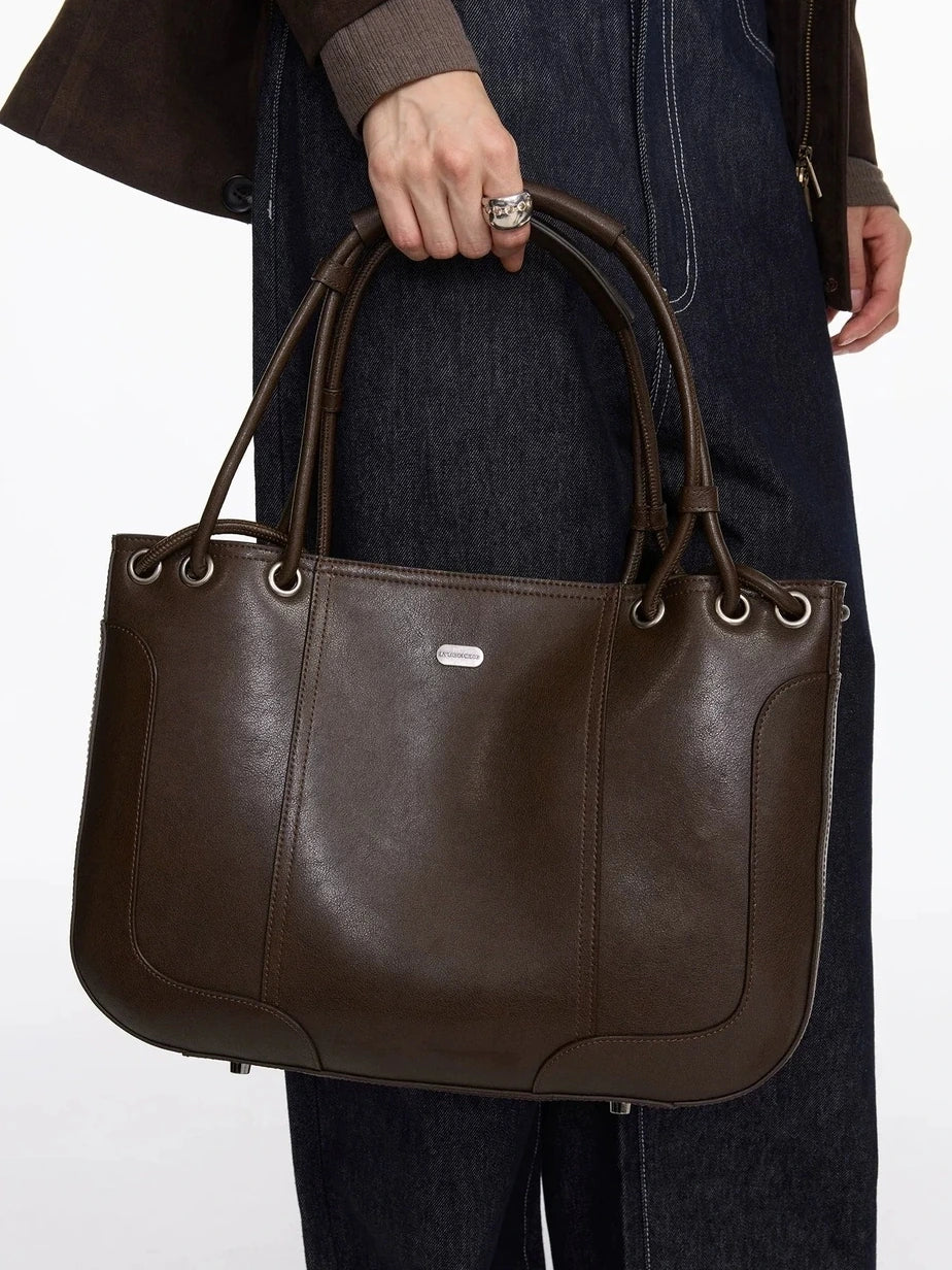 LYUOCHENG Vintage Brown Pleated Leather Tote