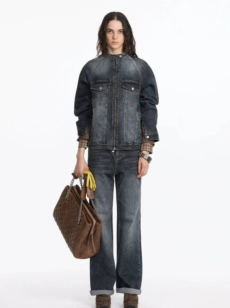 LYUOCHENG Vintage Washed Denim Jacket With Bamboo Texture