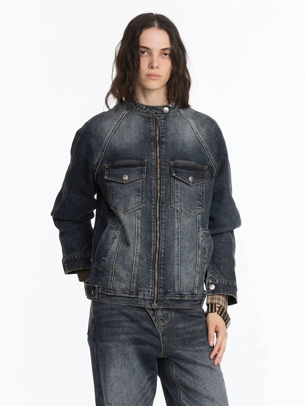 LYUOCHENG Vintage Washed Denim Jacket With Bamboo Texture