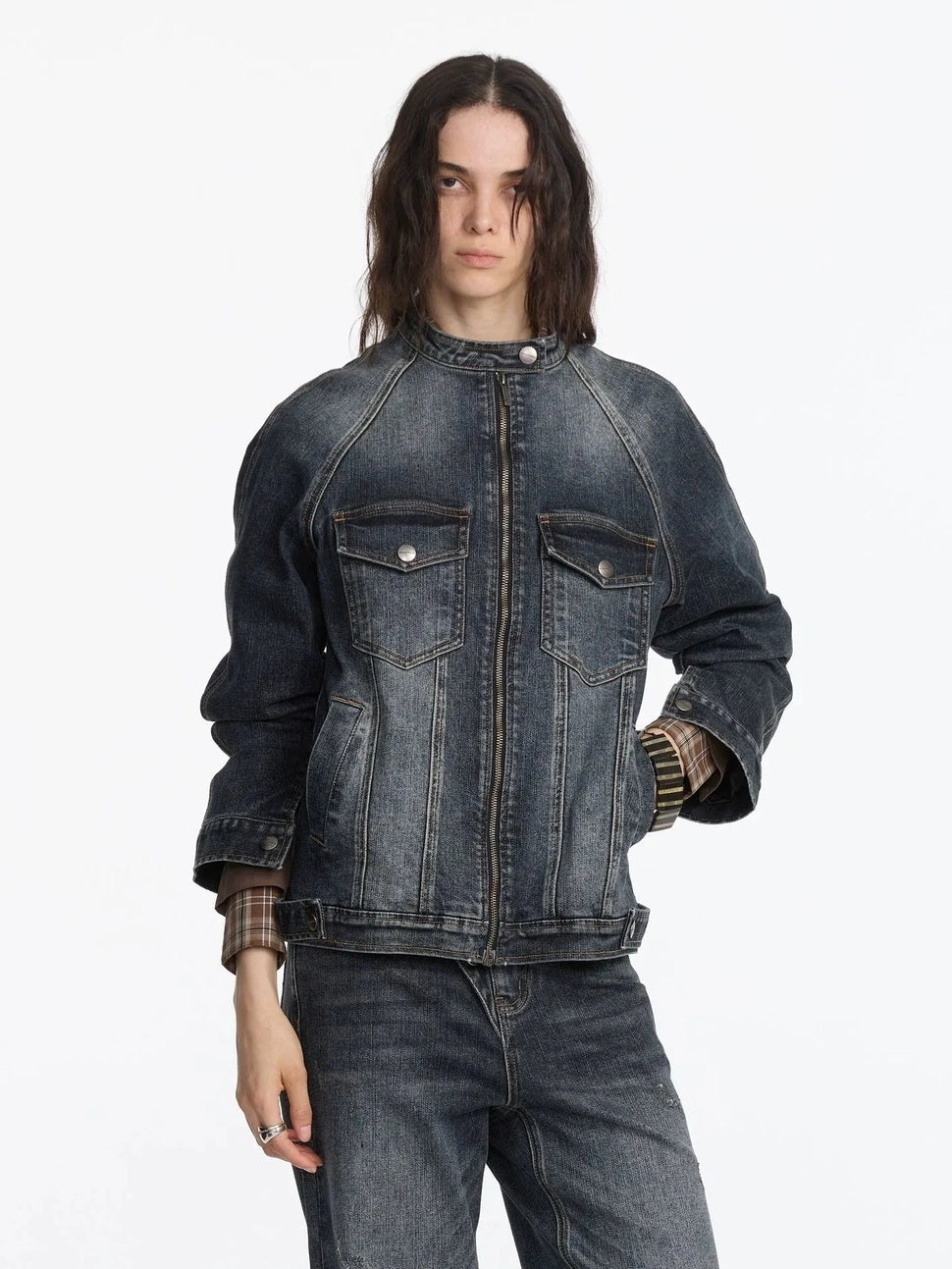 LYUOCHENG Vintage Washed Denim Jacket With Bamboo Texture