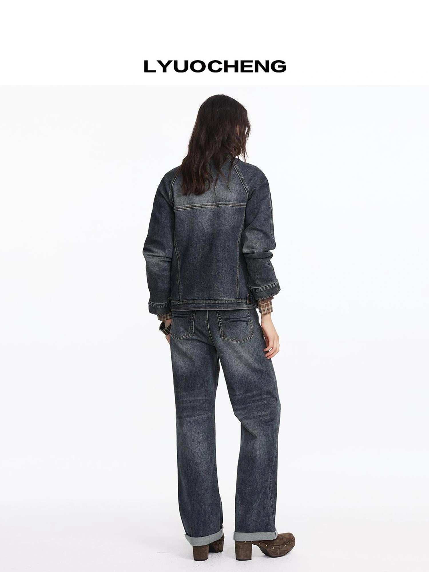 LYUOCHENG Vintage Washed Denim Jacket With Bamboo Texture
