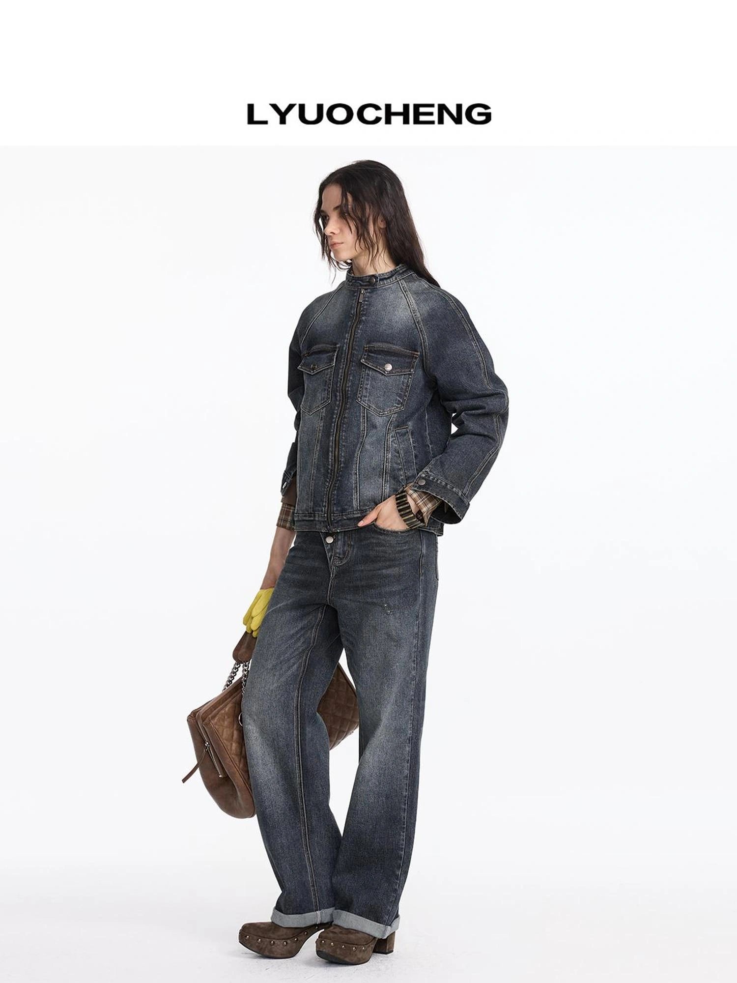 LYUOCHENG Vintage Washed Denim Jacket With Bamboo Texture