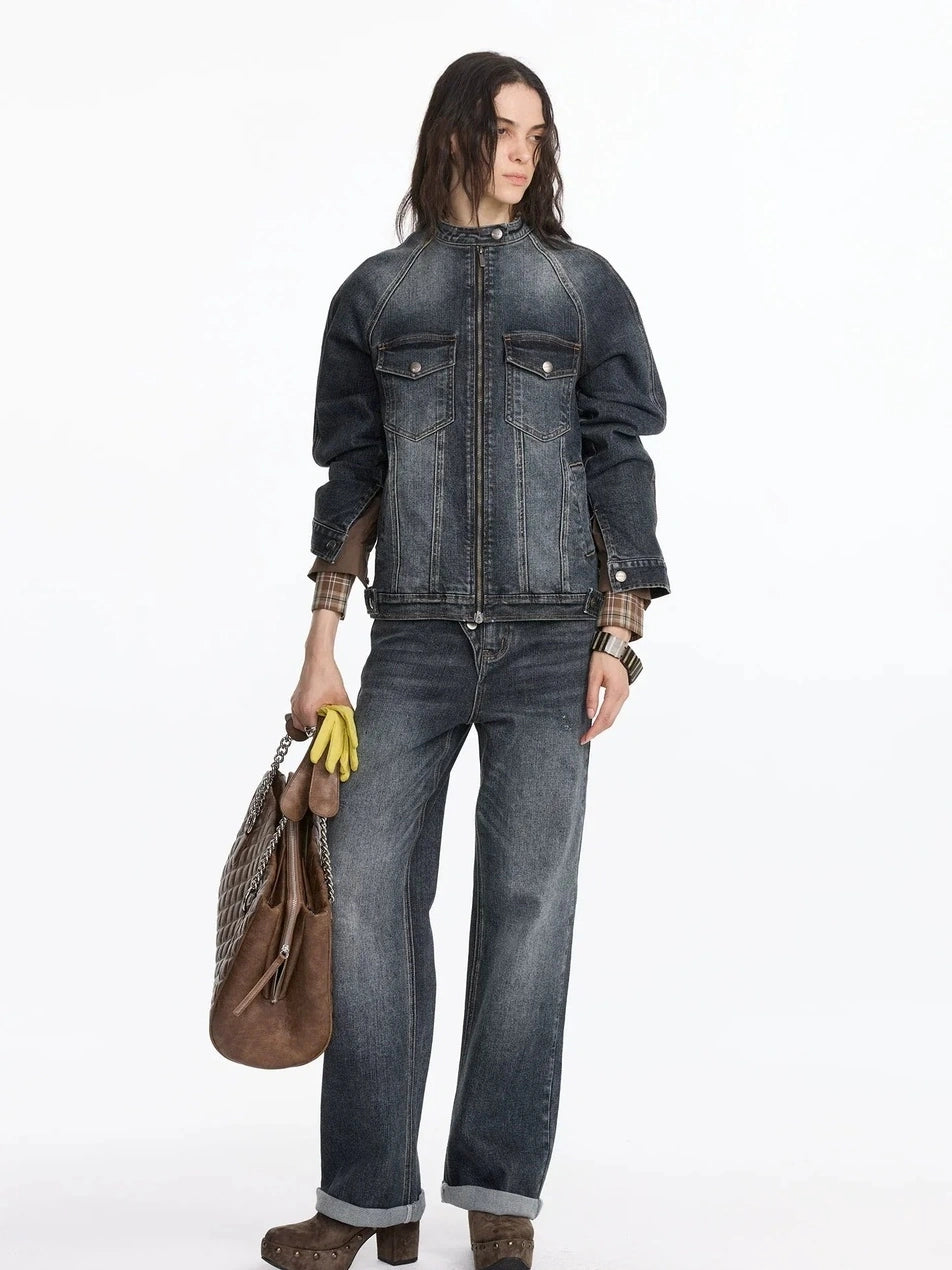 LYUOCHENG Vintage Washed Denim Jacket With Bamboo Texture