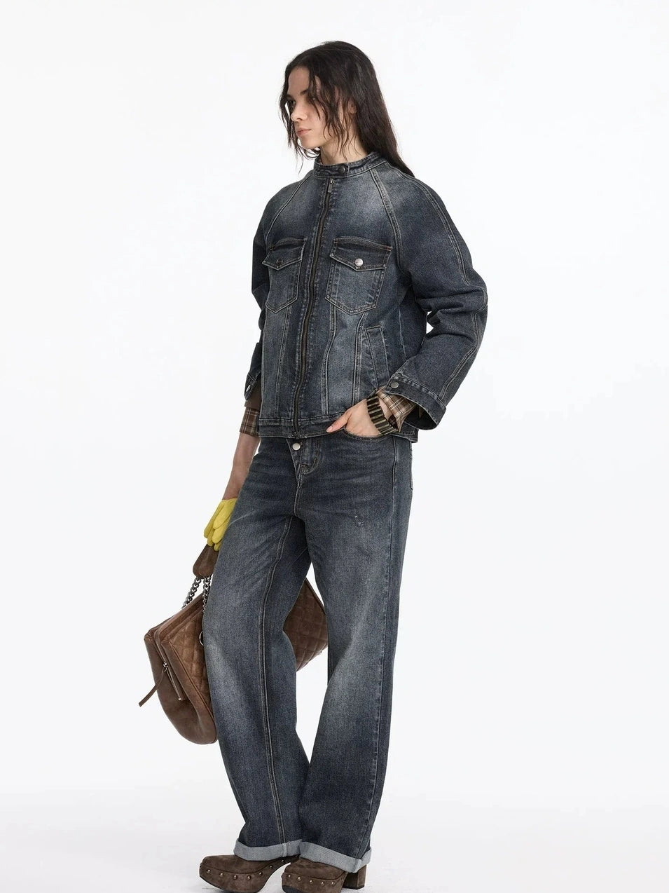 LYUOCHENG Vintage Washed Denim Jacket With Bamboo Texture