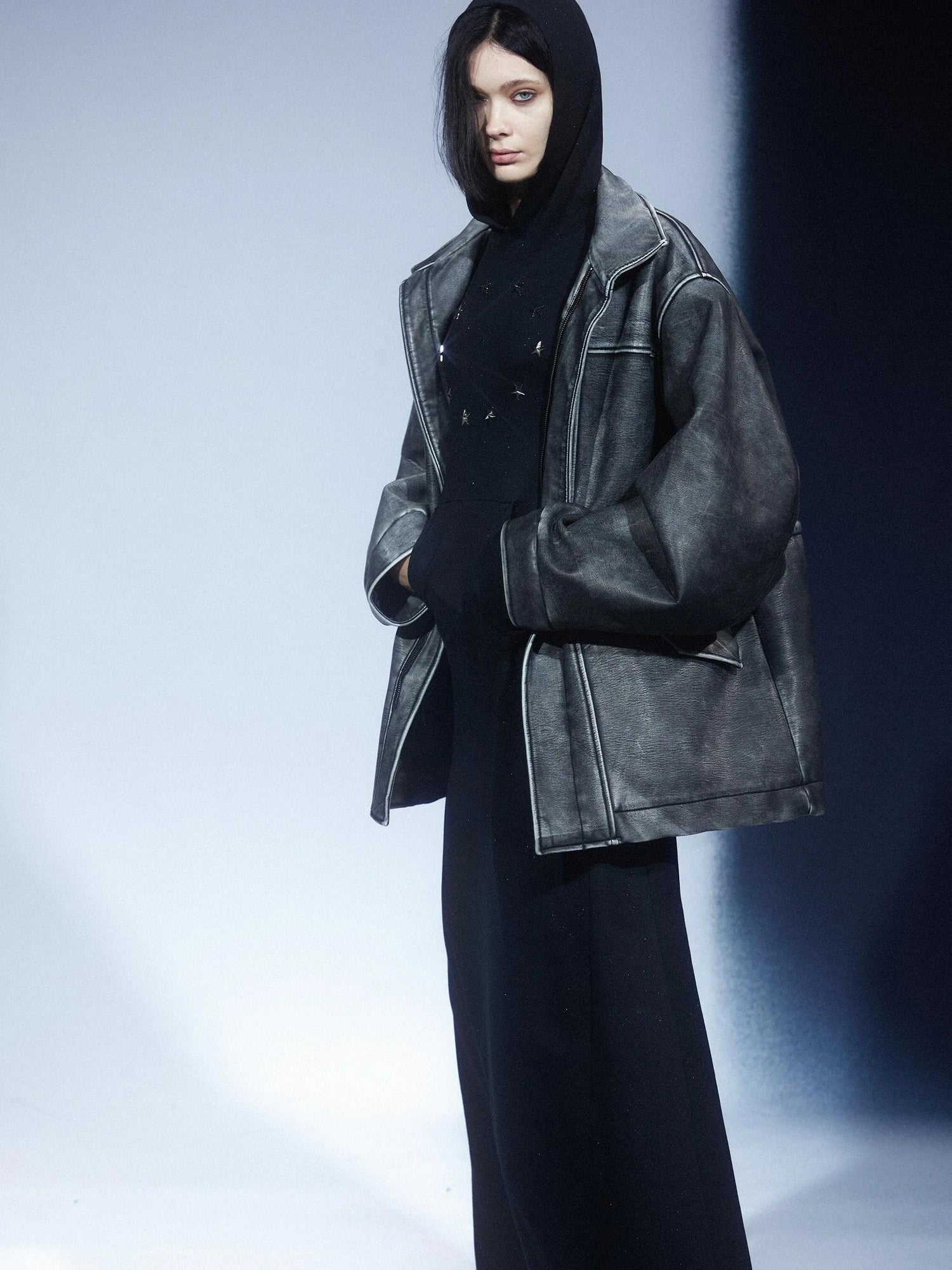 LYUOCHENG Vintage Washed Distressed Leather Trench Coat