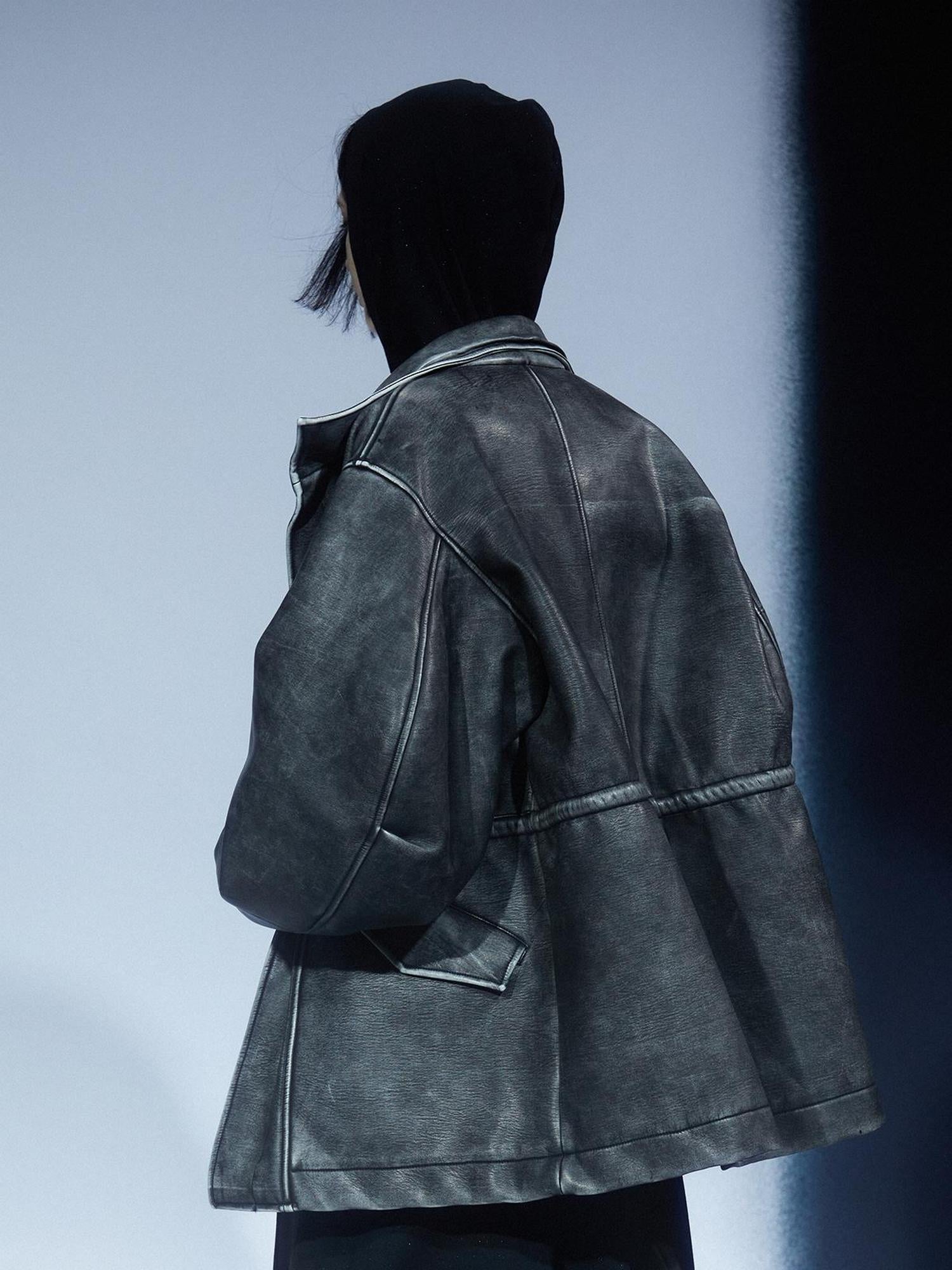 LYUOCHENG Vintage Washed Distressed Leather Trench Coat