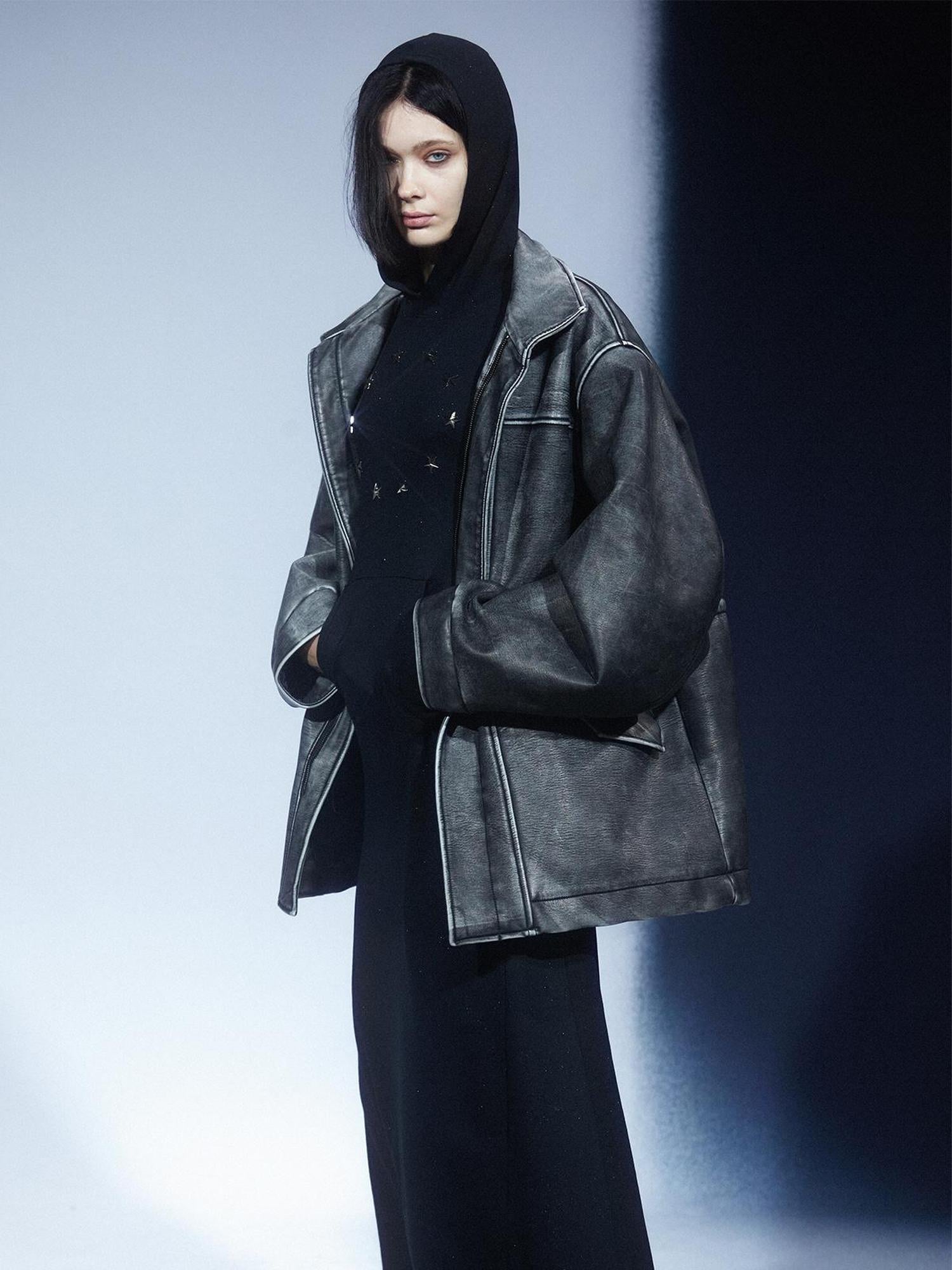 LYUOCHENG Vintage Washed Distressed Leather Trench Coat