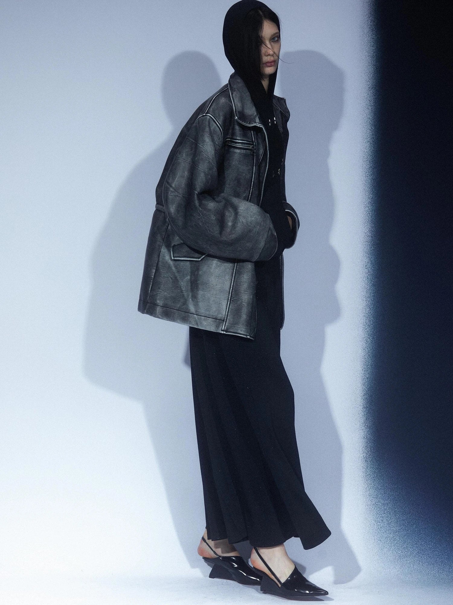 LYUOCHENG Vintage Washed Distressed Leather Trench Coat