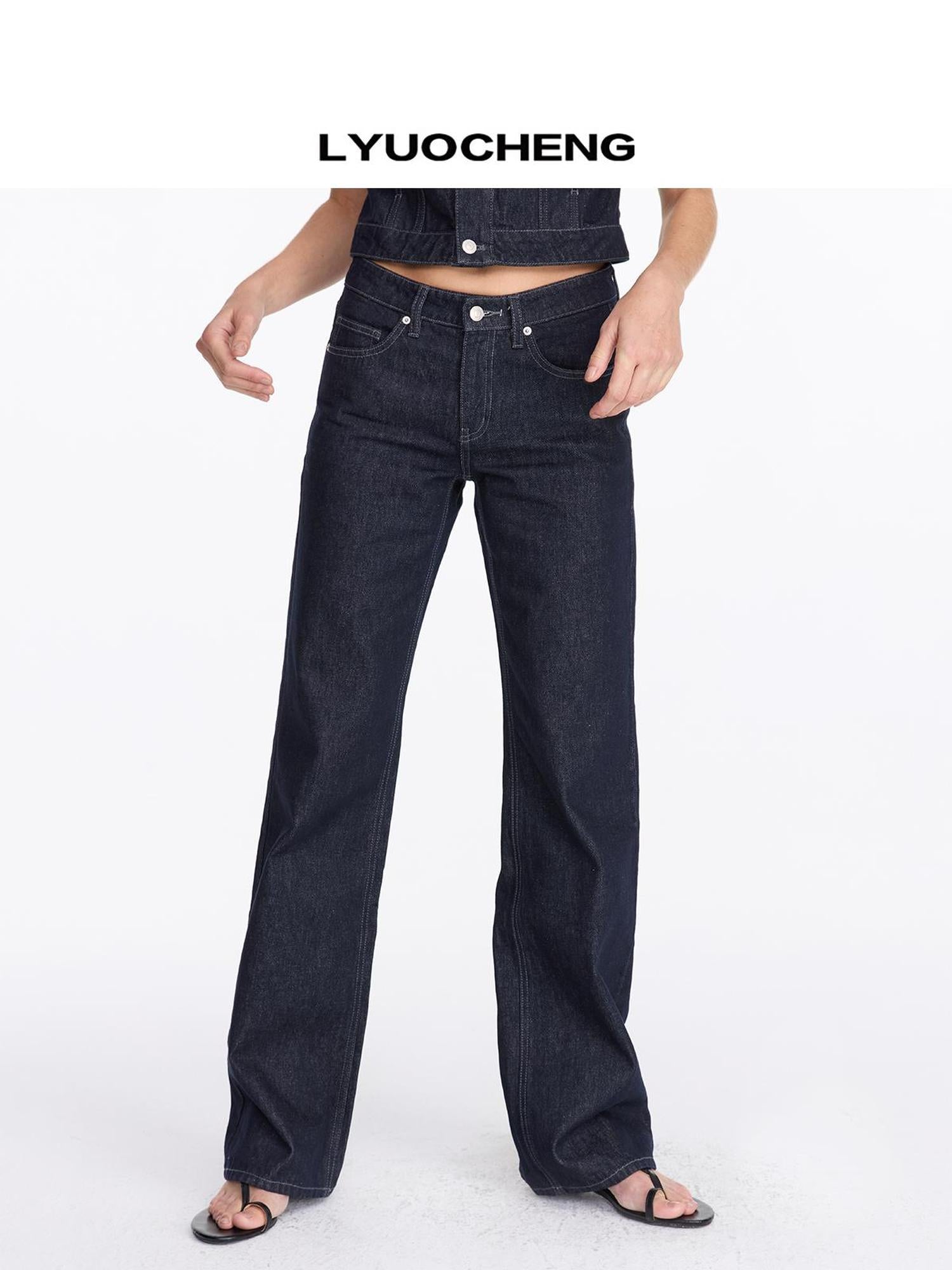 LYUOCHENG Vintage Washed Straight Leg Raw Denim Jeans