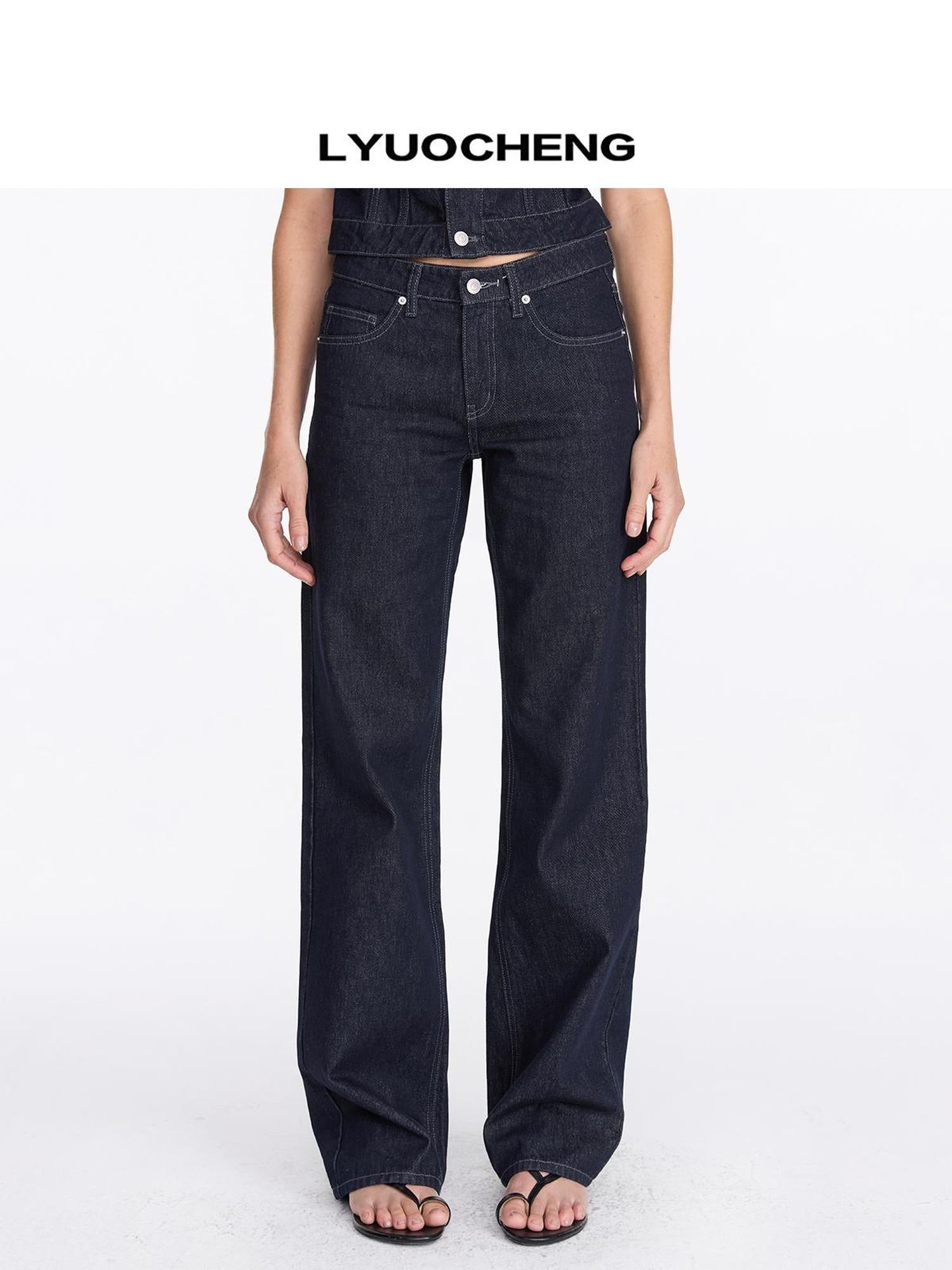 LYUOCHENG Vintage Washed Straight Leg Raw Denim Jeans