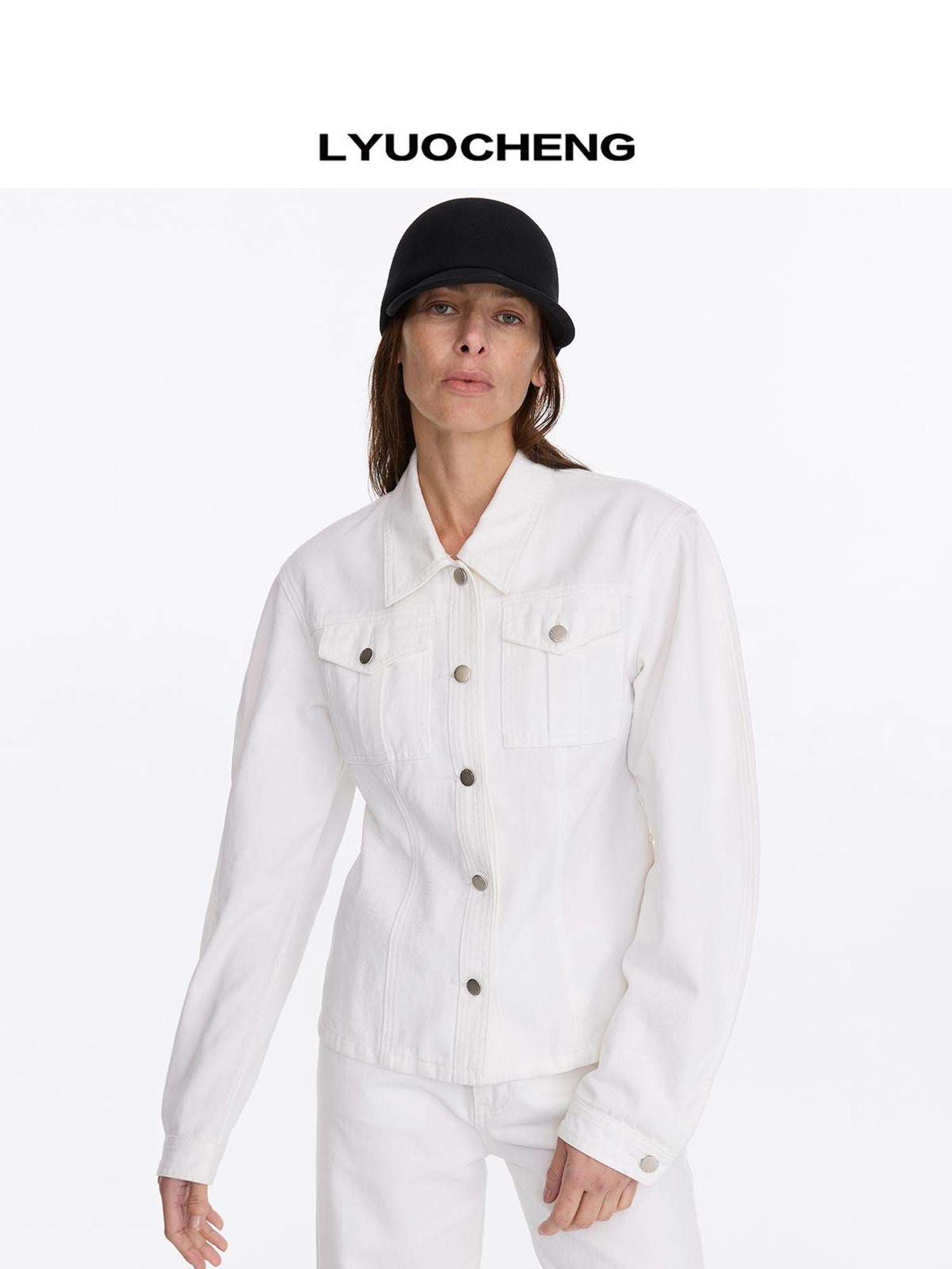 LYUOCHENG Waist Cinched Denim Jacket In White