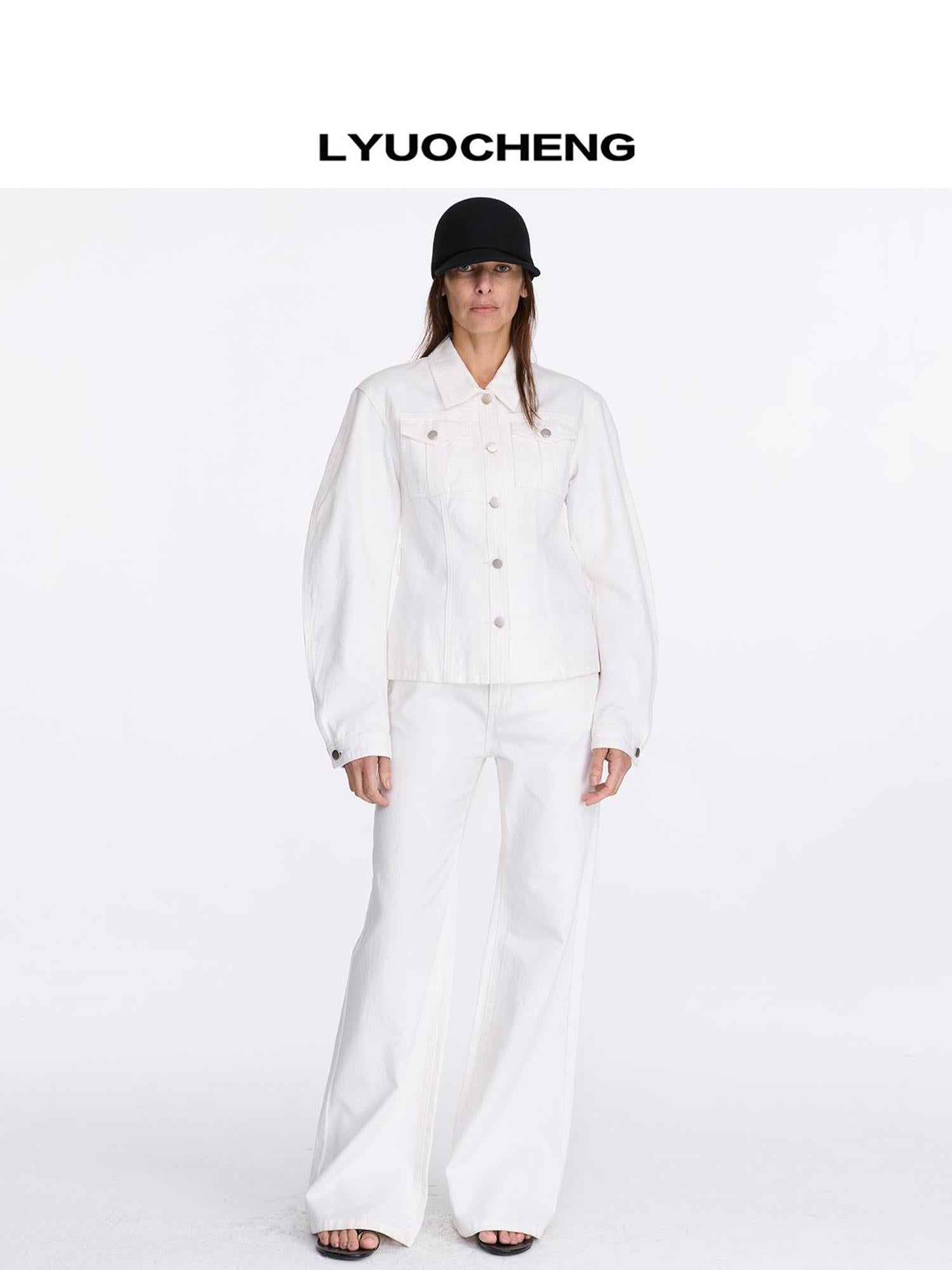 LYUOCHENG Waist Cinched Denim Jacket In White