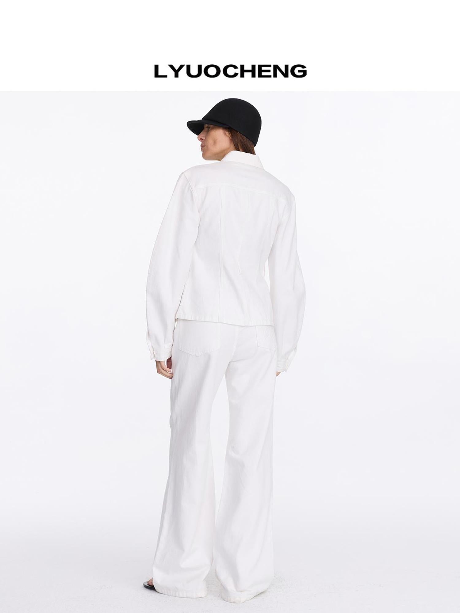 LYUOCHENG Waist Cinched Denim Jacket In White