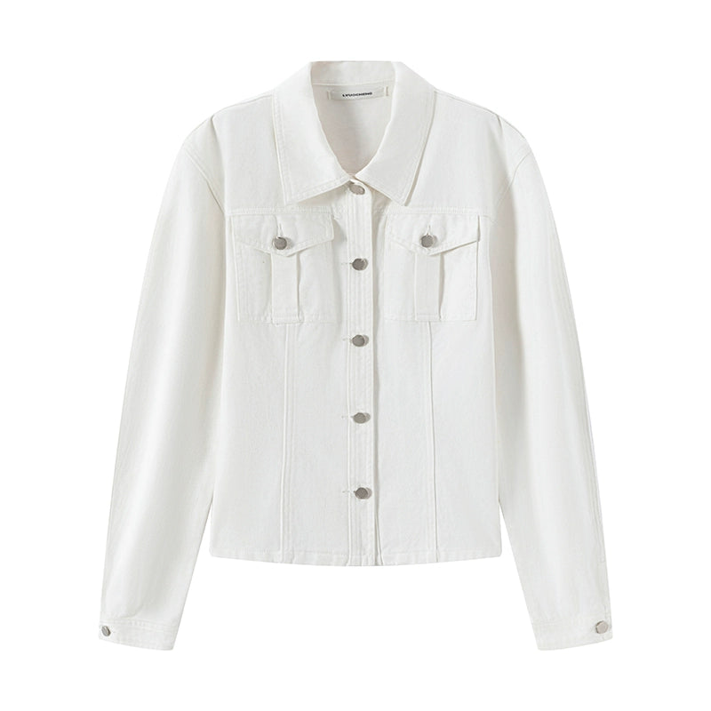 LYUOCHENG_Waist_Cinched_Denim_Jacket_In_White_MISSTT
