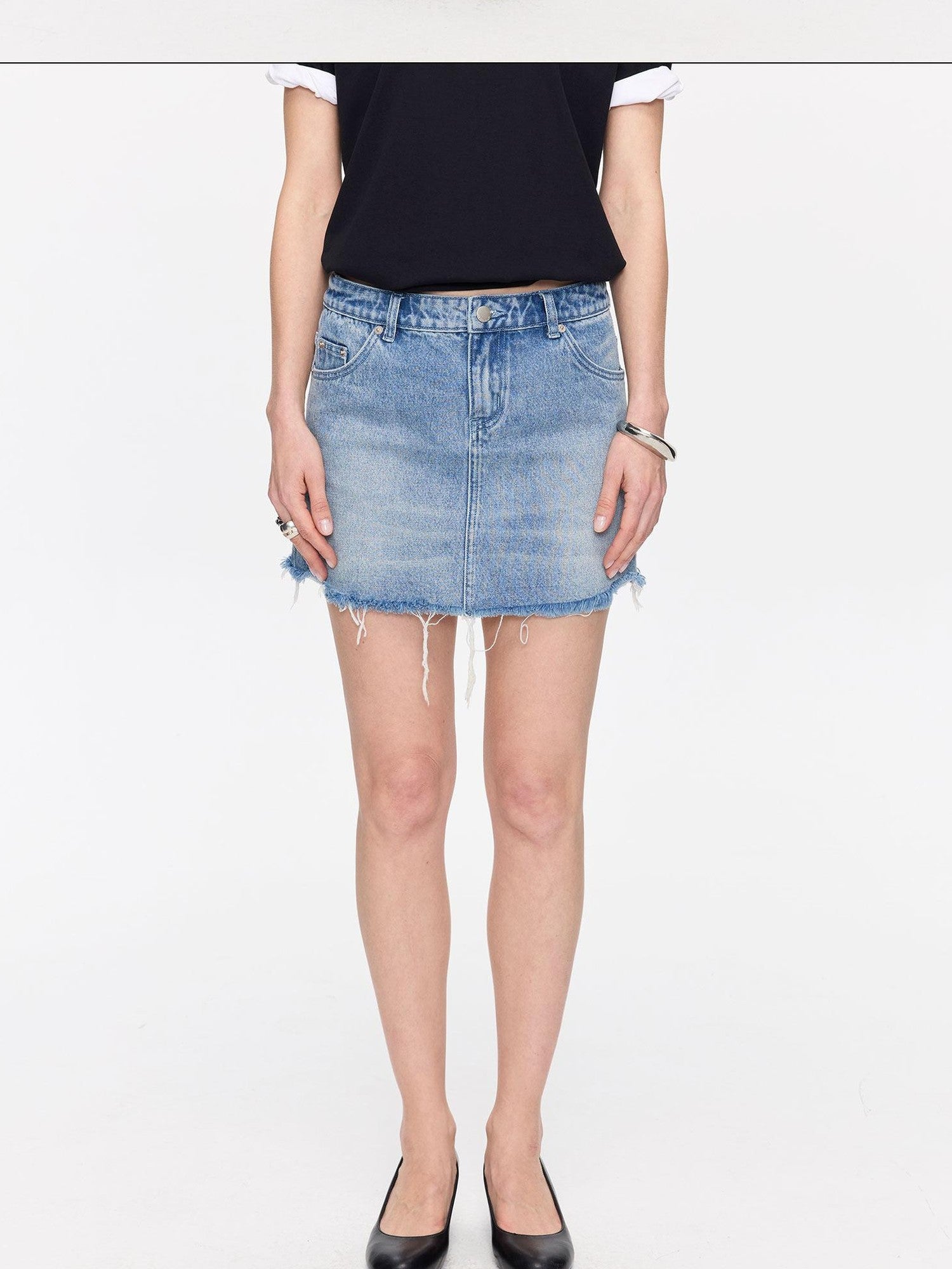 LYUOCHENG Washed Blue Frayed Straight Low Waist Women&
