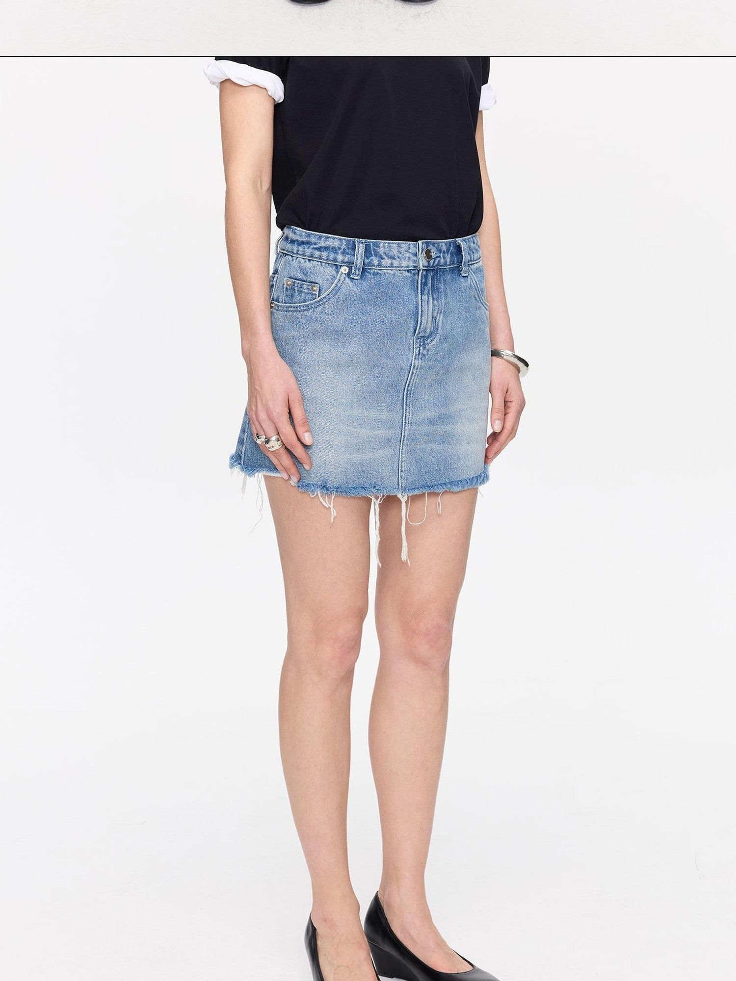 LYUOCHENG Washed Blue Frayed Straight Low Waist Women&
