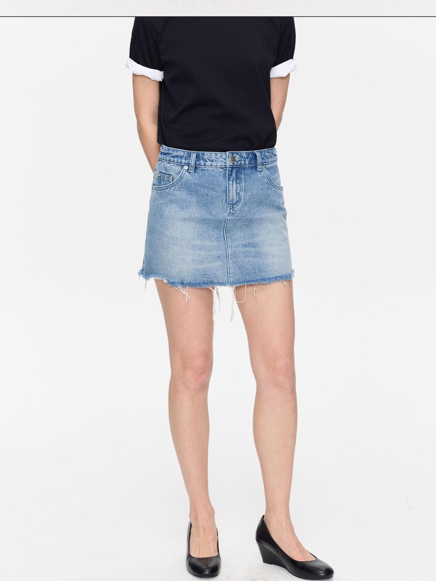 LYUOCHENG Washed Blue Frayed Straight Low Waist Women&