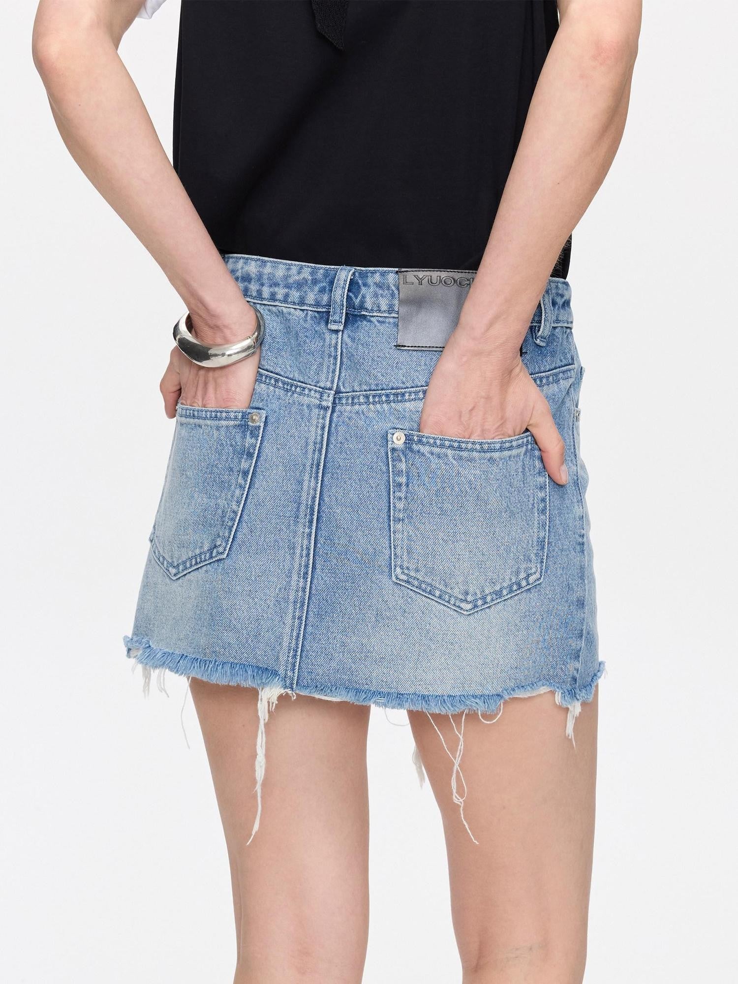 LYUOCHENG Washed Blue Frayed Straight Low Waist Women&