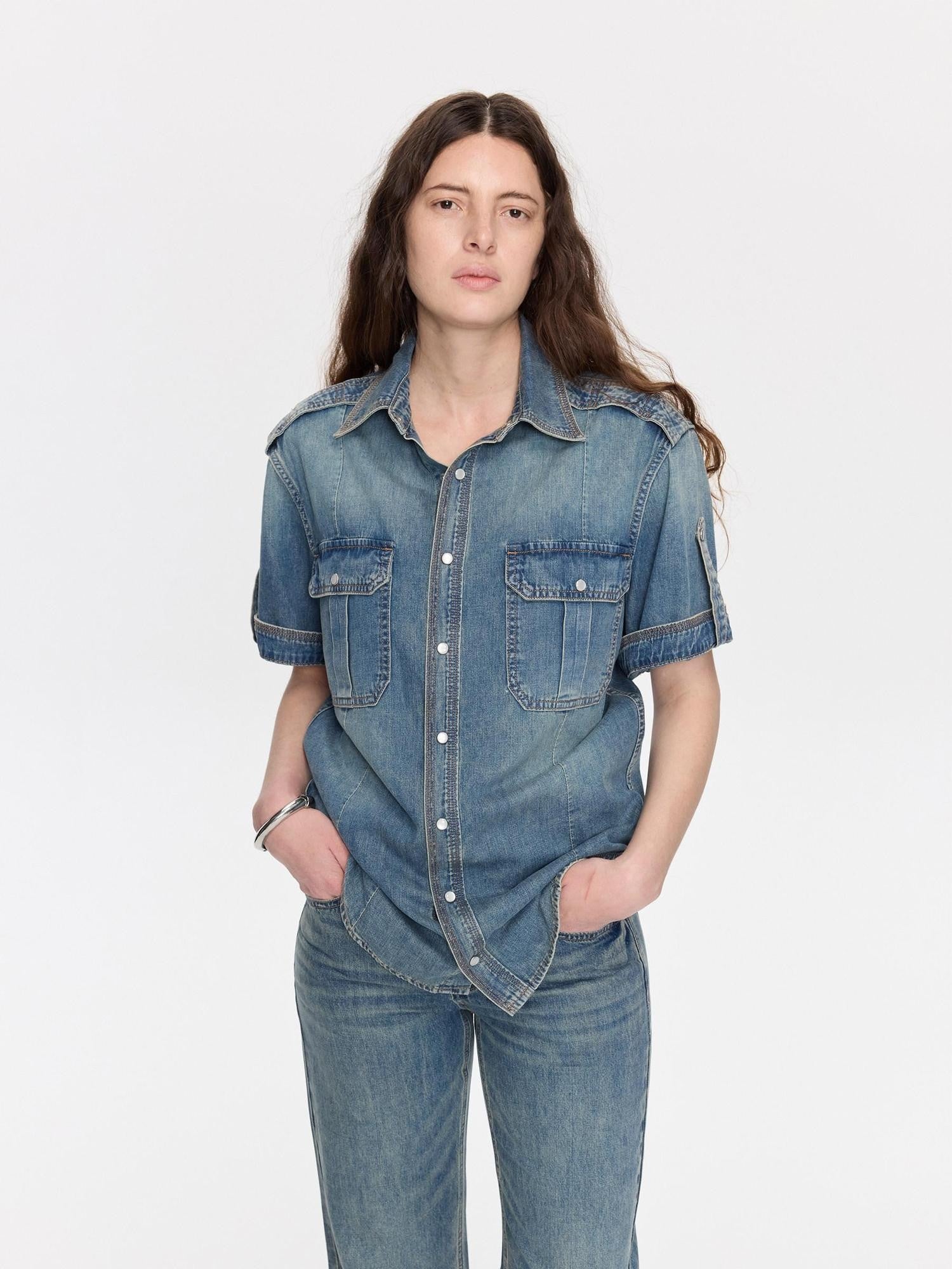LYUOCHENG Washed Denim Distressed Rolled Hem Utility Women&