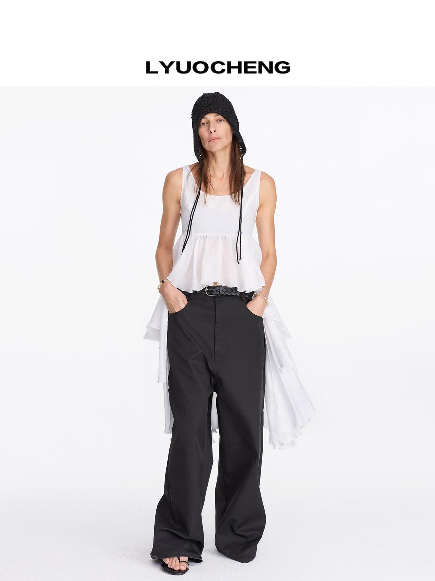 LYUOCHENG White Tencel Cold Shoulder Ruffle Hem Asymmetrical Slip Dress