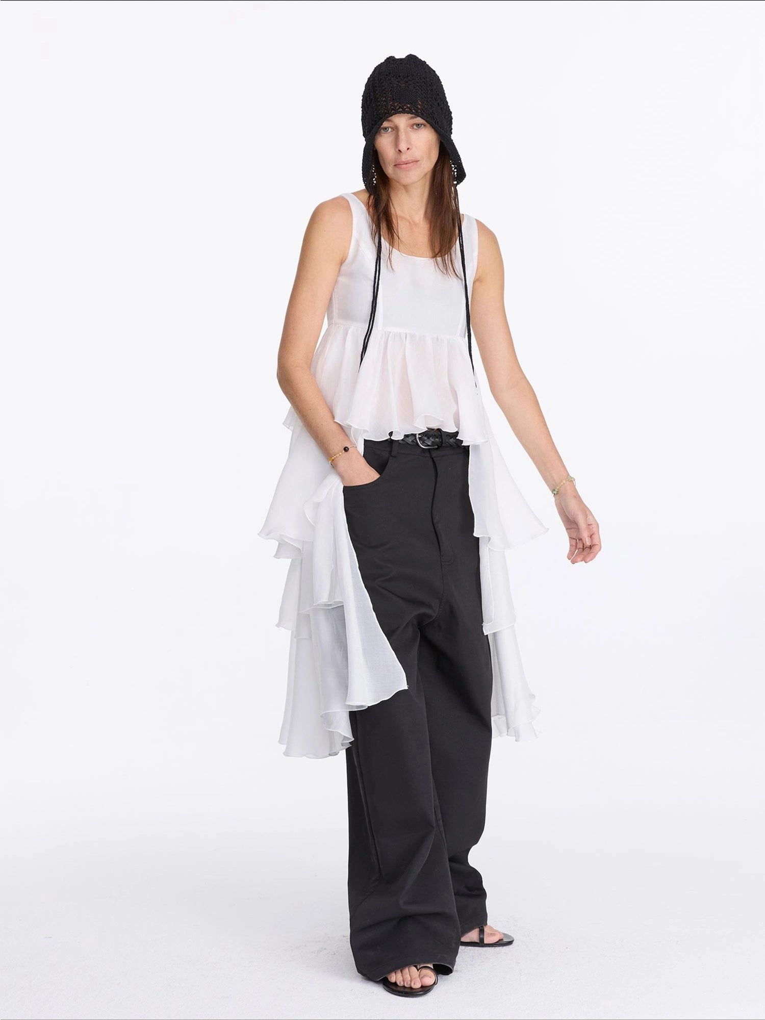 LYUOCHENG White Tencel Cold Shoulder Ruffle Hem Asymmetrical Slip Dress