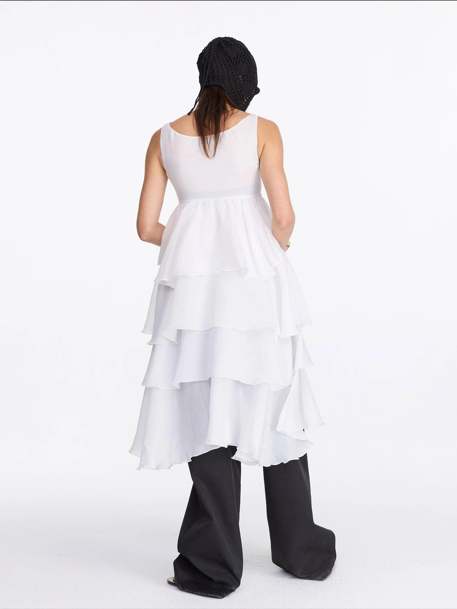 LYUOCHENG White Tencel Cold Shoulder Ruffle Hem Asymmetrical Slip Dress