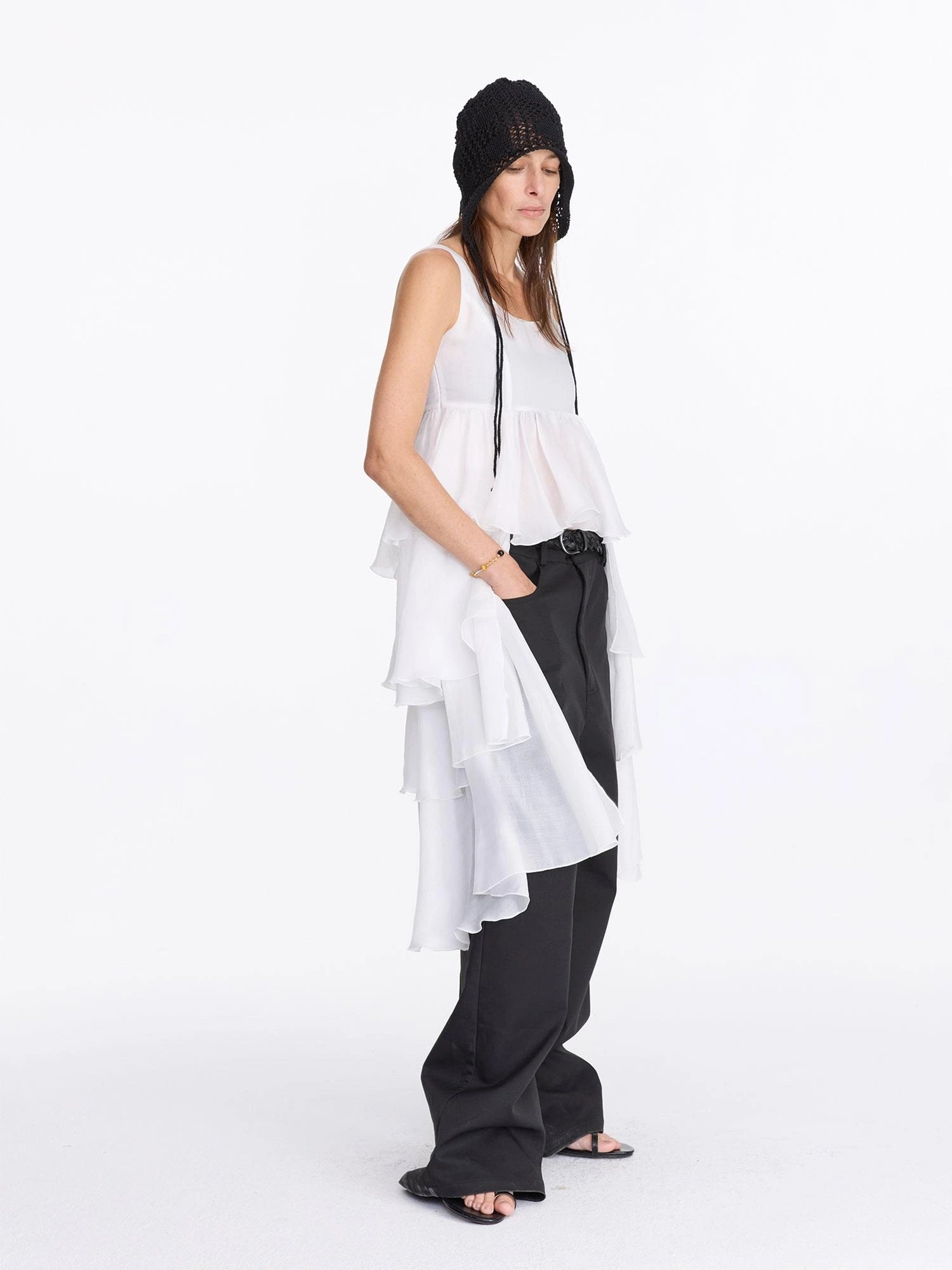 LYUOCHENG White Tencel Cold Shoulder Ruffle Hem Asymmetrical Slip Dress