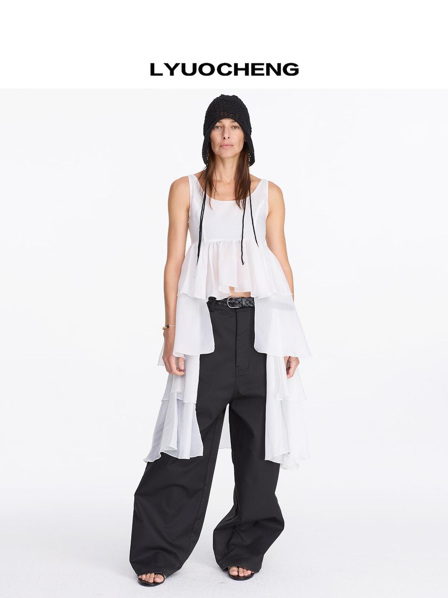 LYUOCHENG White Tencel Cold Shoulder Ruffle Hem Asymmetrical Slip Dress