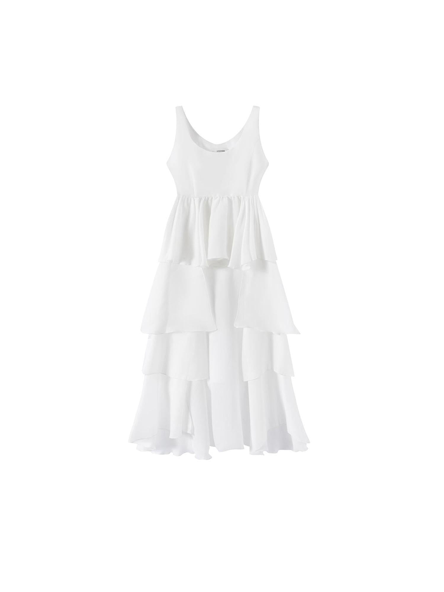 LYUOCHENG White Tencel Cold Shoulder Ruffle Hem Asymmetrical Slip Dress