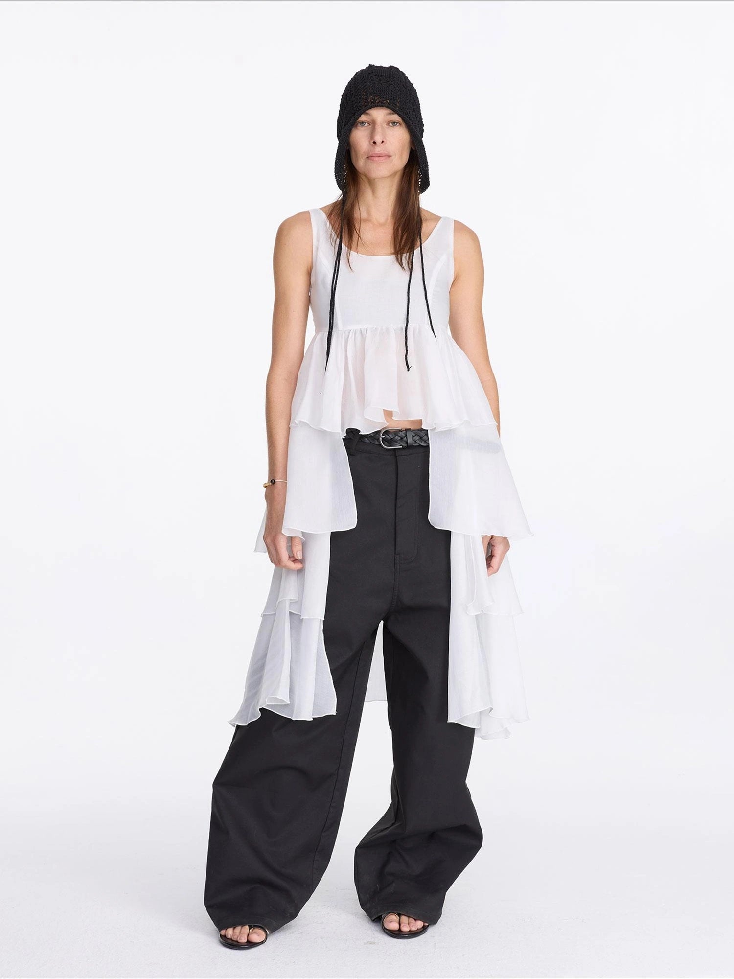 LYUOCHENG White Tencel Cold Shoulder Ruffle Hem Asymmetrical Slip Dress