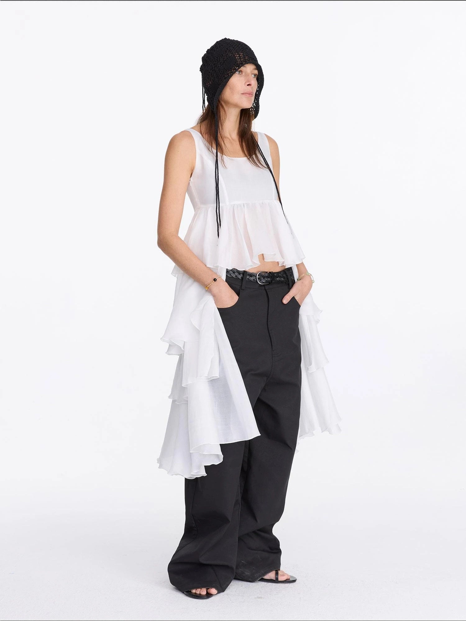 LYUOCHENG White Tencel Cold Shoulder Ruffle Hem Asymmetrical Slip Dress