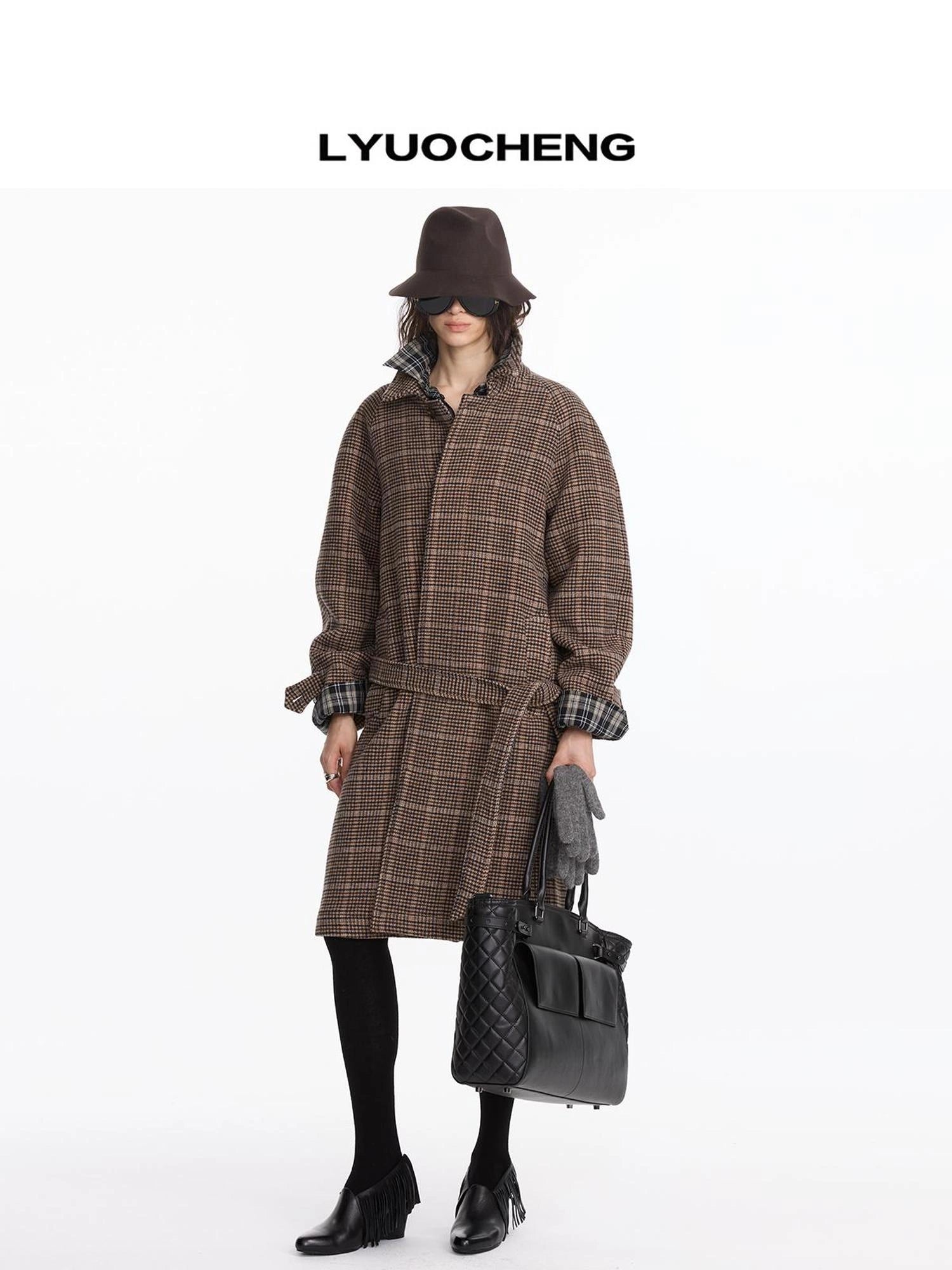 LYUOCHENG Wool Raglan Sleeve Check Trench Coat
