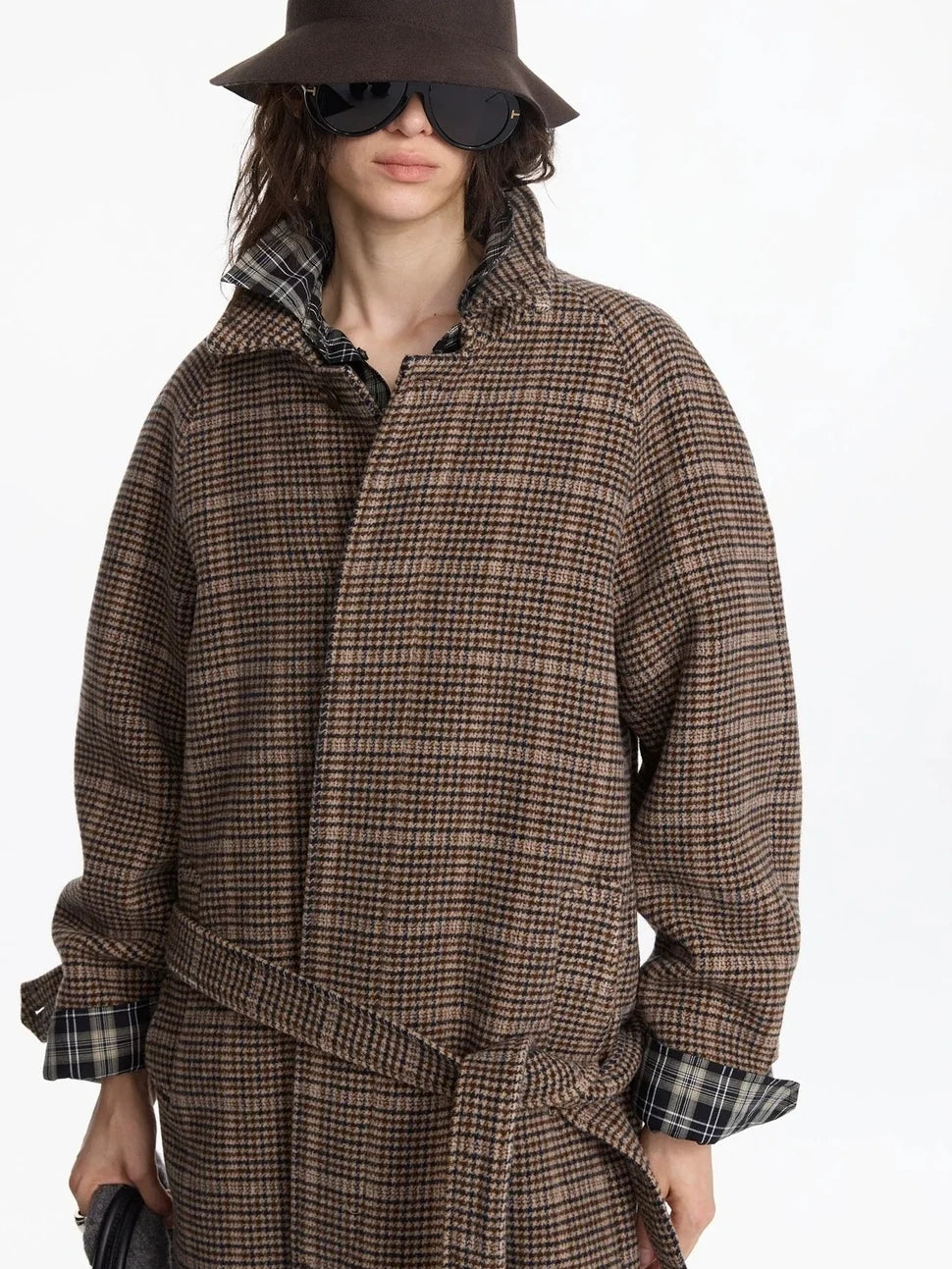 LYUOCHENG Wool Raglan Sleeve Check Trench Coat