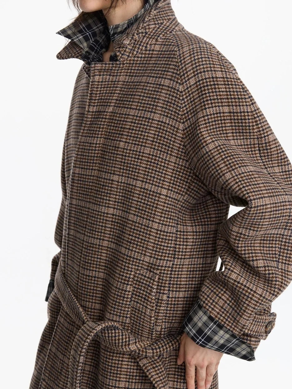 LYUOCHENG Wool Raglan Sleeve Check Trench Coat
